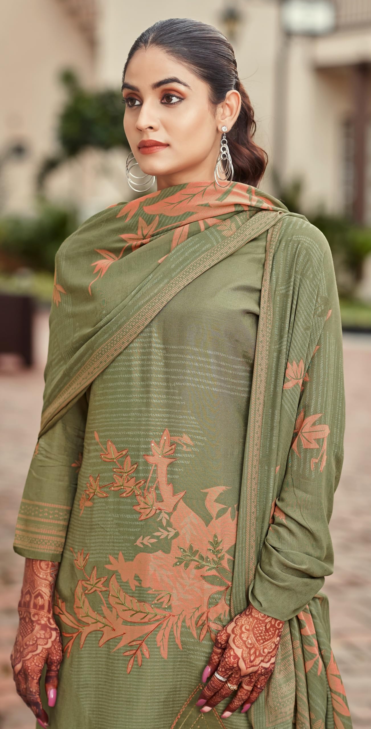 DRAVINAM Trends Unstitch Premium Viscose Bemberg Maslin Suit Dress Material II Pure Maslin Top Fabric with Aari work & Swaroski Detailing I Viscose Rayon Bottom I Digital Printed Maslin Dupatta