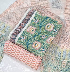 DRAVINAM Trends Hand Block Print Cambric Cotton Unstitched Salwar Suit Set for Women with Pure Chiffon Hand Printed Dupatta