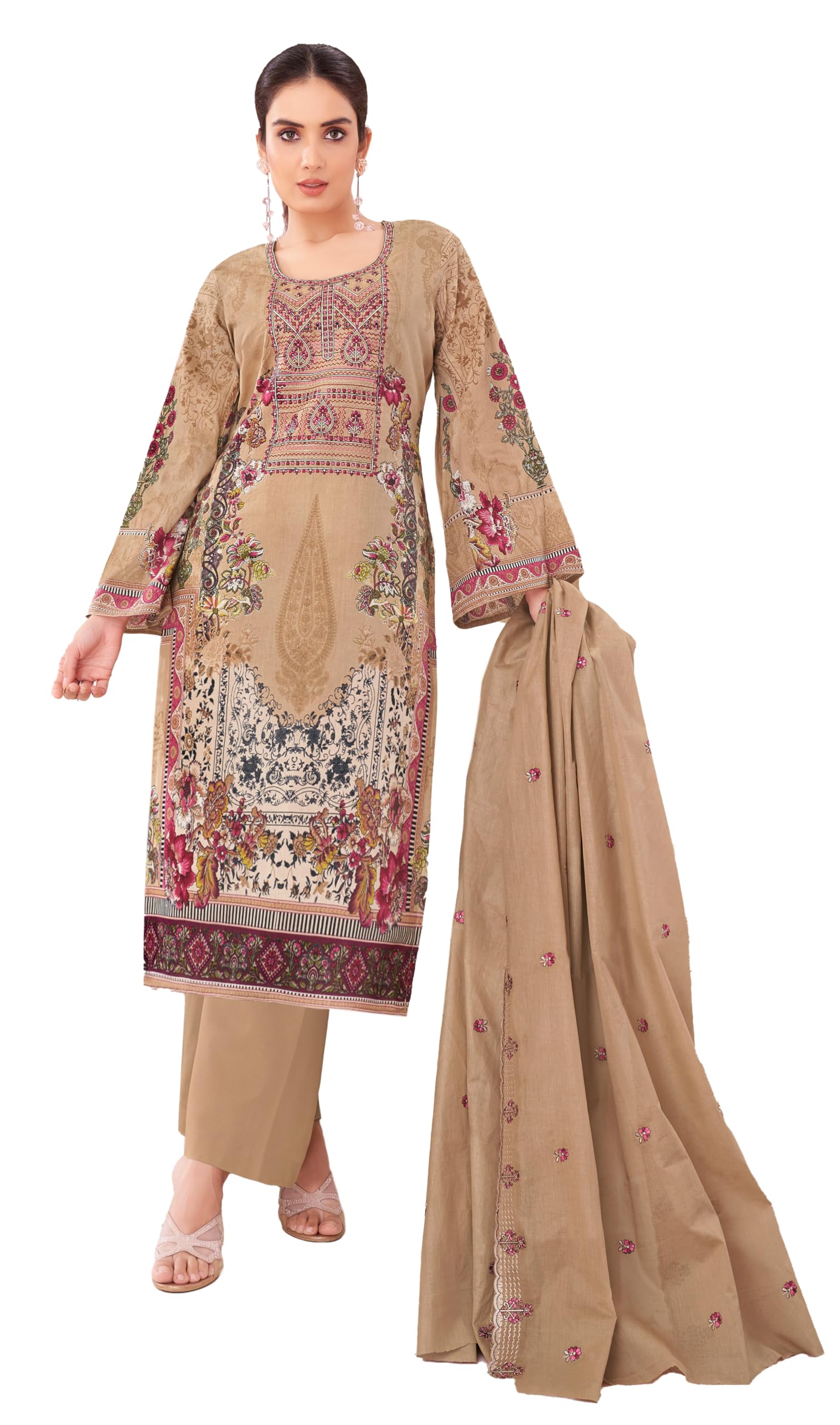 DRAVINAM Trends Unstitched Women's Pakistani Suit Material - Karachi Lawn Cotton Digital Printed Embroidered Kameez Material II Unstitched Cotton Bottoms II Printed Cotton Dupatta