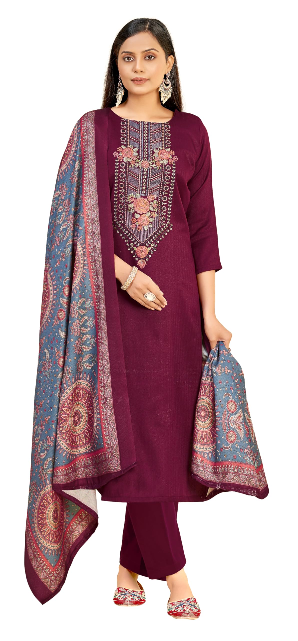 DRAVINAM Trends Women's Unstitched Winter Wear Woollen Pashmina Embroidered Salwar Suit Dress Material with Pashmina Printed Shawl Dupatta