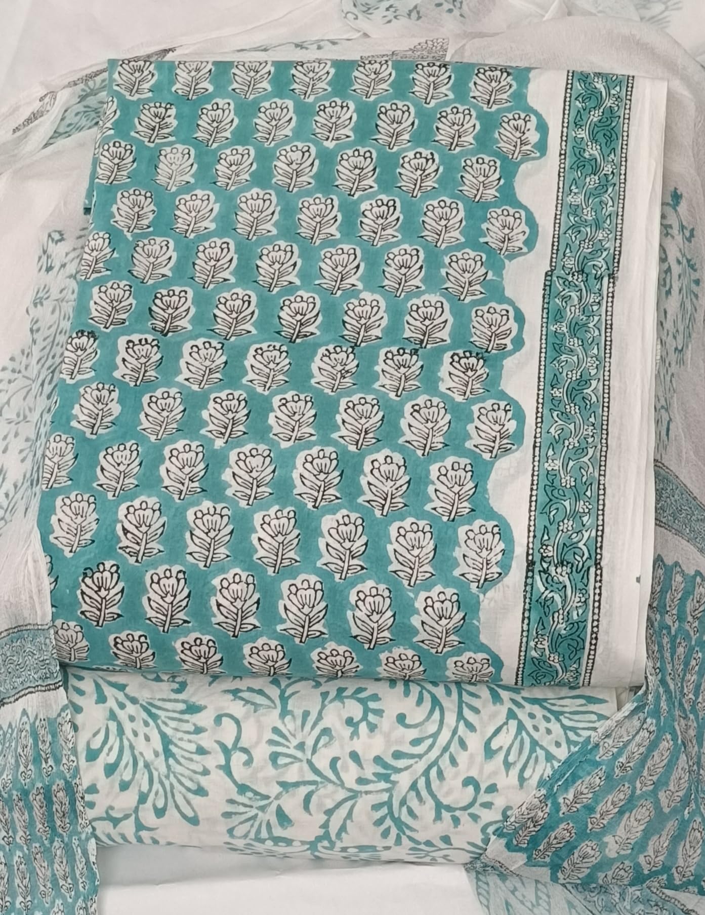 DRAVINAM Trends Hand Block Print Cambric Cotton Unstitched Salwar Suit Set for Women with Pure Chiffon Hand Printed Dupatta