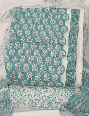 DRAVINAM Trends Hand Block Print Cambric Cotton Unstitched Salwar Suit Set for Women with Pure Chiffon Hand Printed Dupatta