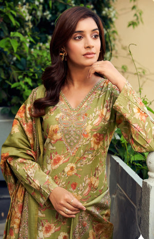 DRAVINAM Trends Women's Unstitched Salwar Suit Dress Material Modal Silk Discharge Foil Print Cording Embroidered Kameez Plain Unstitched Bottoms and Modal Silk Discharge Foil Print Dupatta