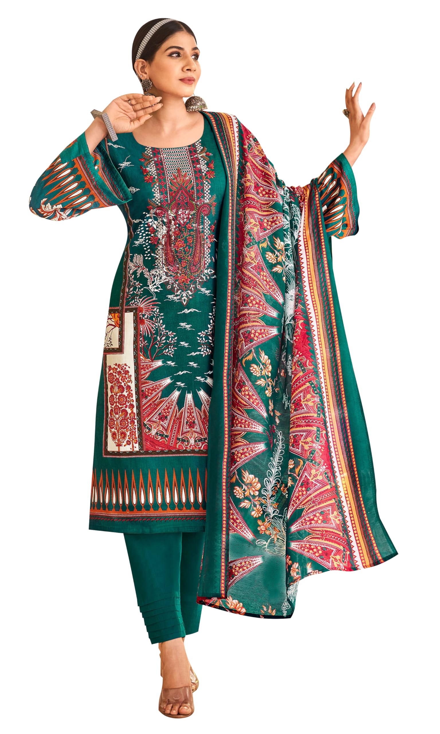 DRAVINAM Trends Lawn Cotton Pakistani Embroidered Suit Dress Material with Unstitched Bottoms and Cotton Dupatta