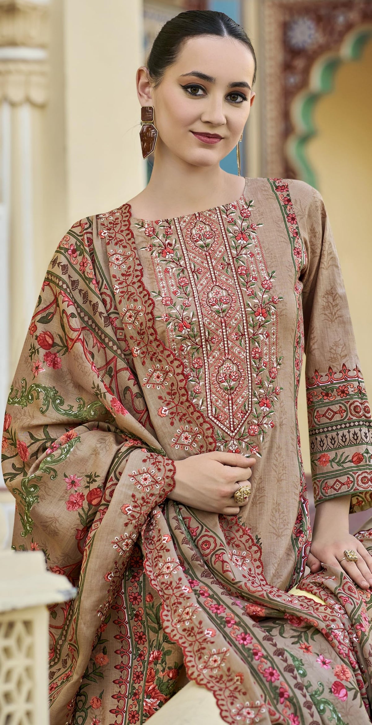 DRAVINAM Trends Women's Unstitched Pakistani Digital Print Embroidered Pure Cotton Salwar Suit Dress Materials with Cotton Embroidered Cutwork Dupatta