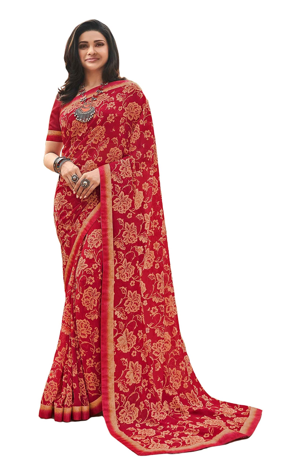 DRAVINAM Trends Women's Printed Pure Georgette Saree With Digital Border and Unstitched Blouse (Light Blue)