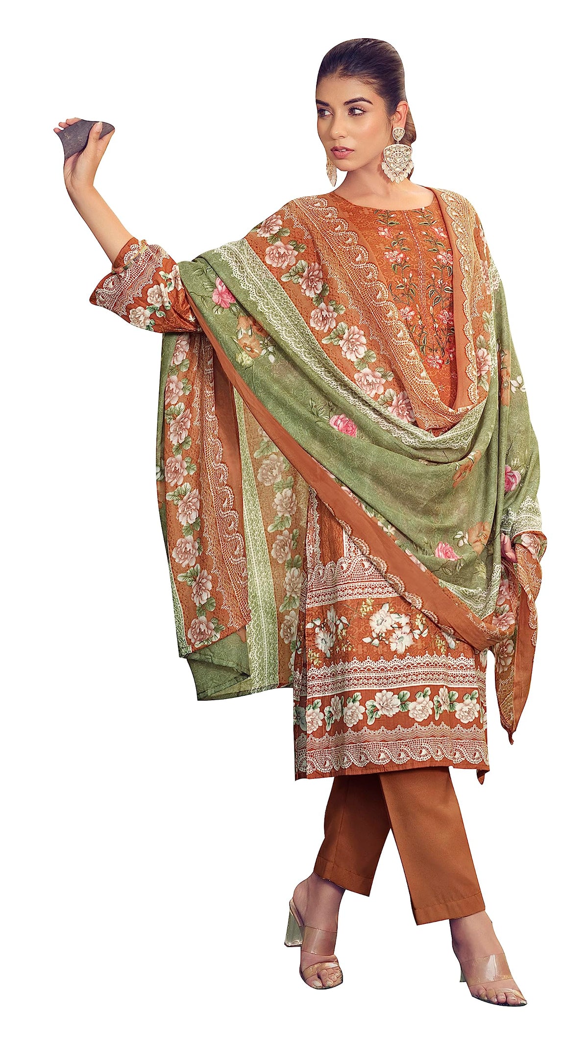 DRAVINAM Trends Unstitched Pakistani Print Embroidered Cotton Suit Dress Materials with Printed Cotton Dupatta