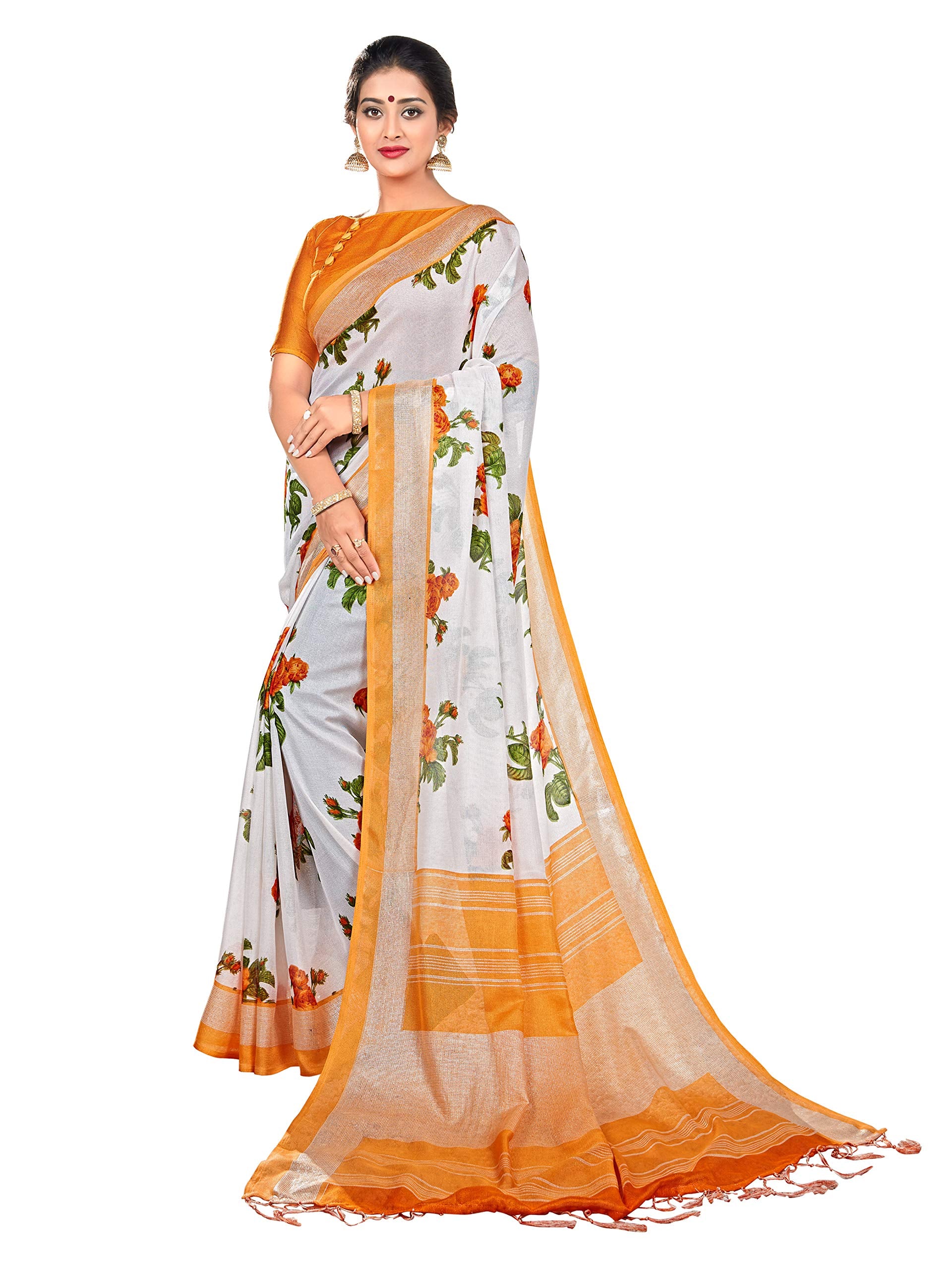DRAVINAM Trends Women's Woven Kalamkari Printed Soft Cotton Saree with Blouse Piece (SareeKlm_6_Red and Orange)