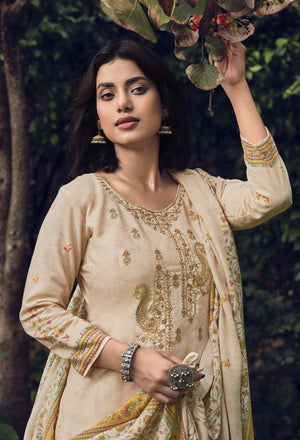 DRAVINAM Trends Unstitched Printed Embroidery Work Pure Cotton Salwar Suits Dress Material with Cotton Dupatta (Beige)
