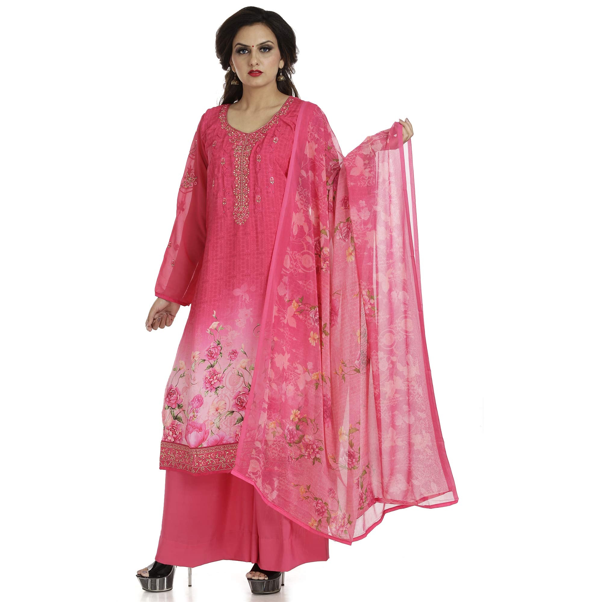 DRAVINAM Trends Women's Embroidered Pure Crepe Floral Printed Salwar Suit Dress Material with Printed Georgette Dupatta (Unstitched)