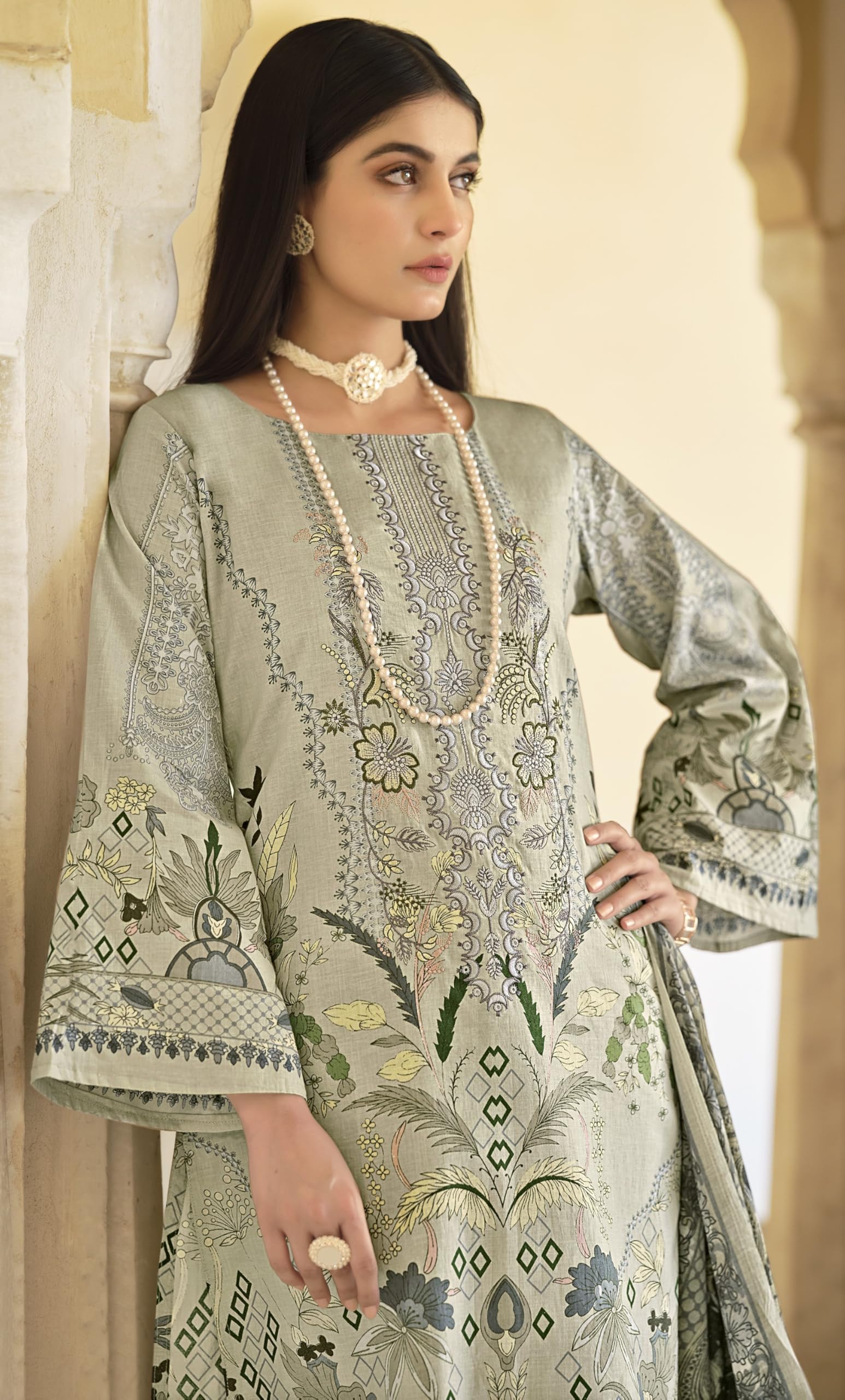 DRAVINAM Trends Women's Unstitched Pakistani Print Embroidered Cotton Salwar Suit Dress Materials with Cotton Printed Dupatta