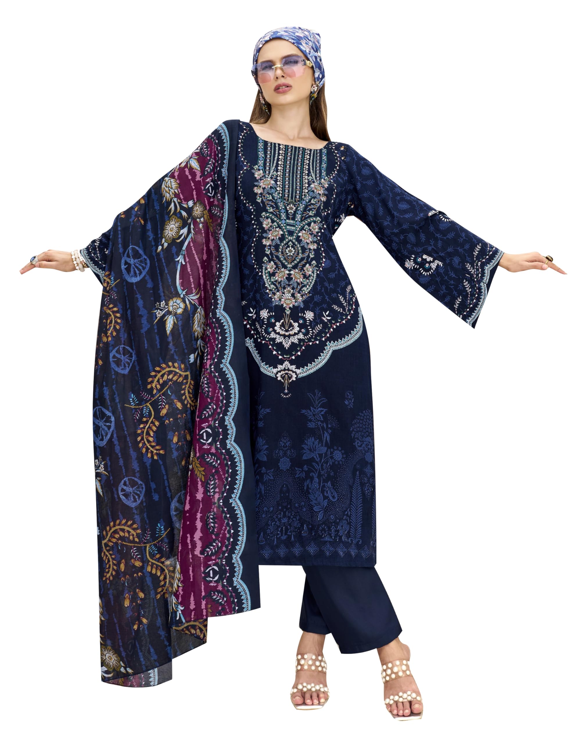 DRAVINAM Trends Unstitched Pakistani Embroidered Pure Rayon Salwar Suit Dress Materials with Cotton Dupatta