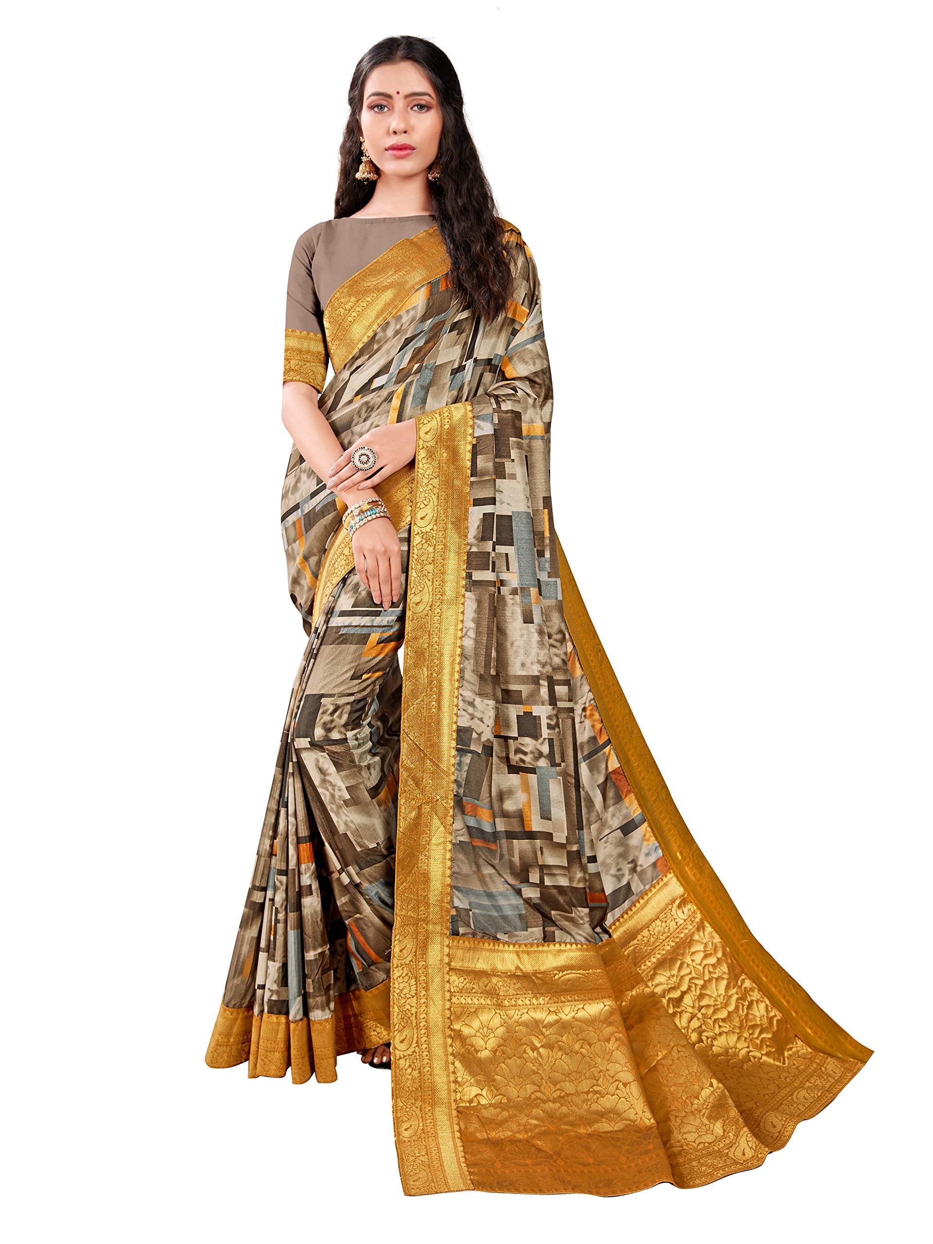 DRAVINAM Trends Printed silk saree with Jacquard Border and Blouse Piece (Grey)