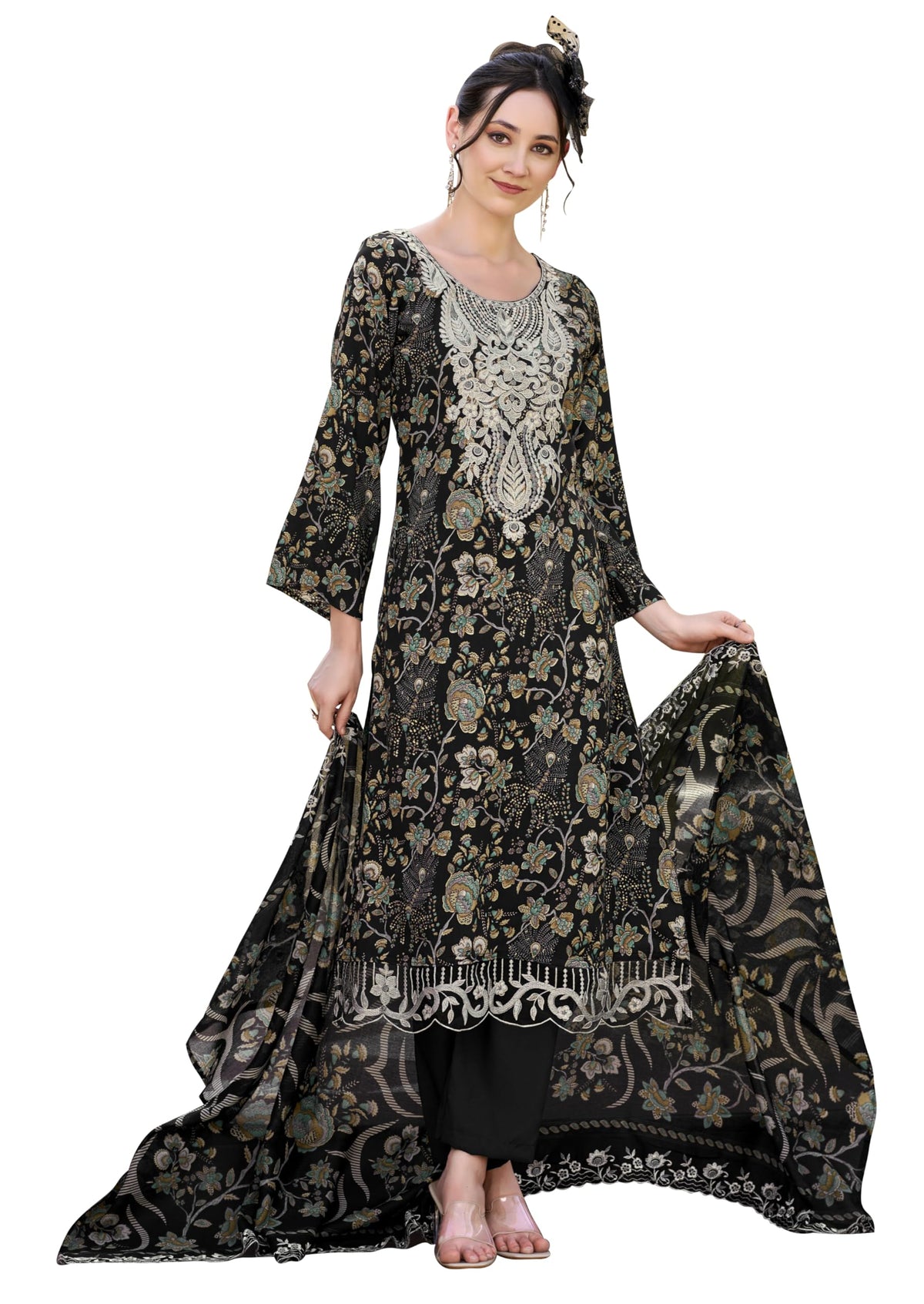 DRAVINAM Trends Pure Viscose Rayon Digital Printed Fancy Embroidered Organza Lace Suit Dress Material with Unstitched Bottoms and Cotton Cutwork Embroidered Dupatta