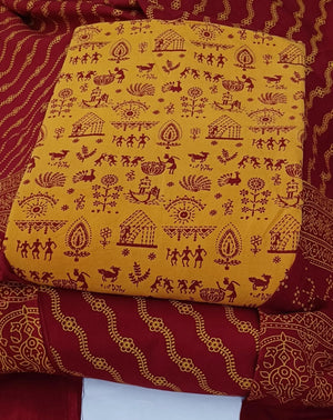 DRAVINAM Trends Women's Premium Cotton Unstitched Salwar Suit Dress Material Set | Traditional Rajasthani Gujari Block Print (Red & Mustard Yellow)
