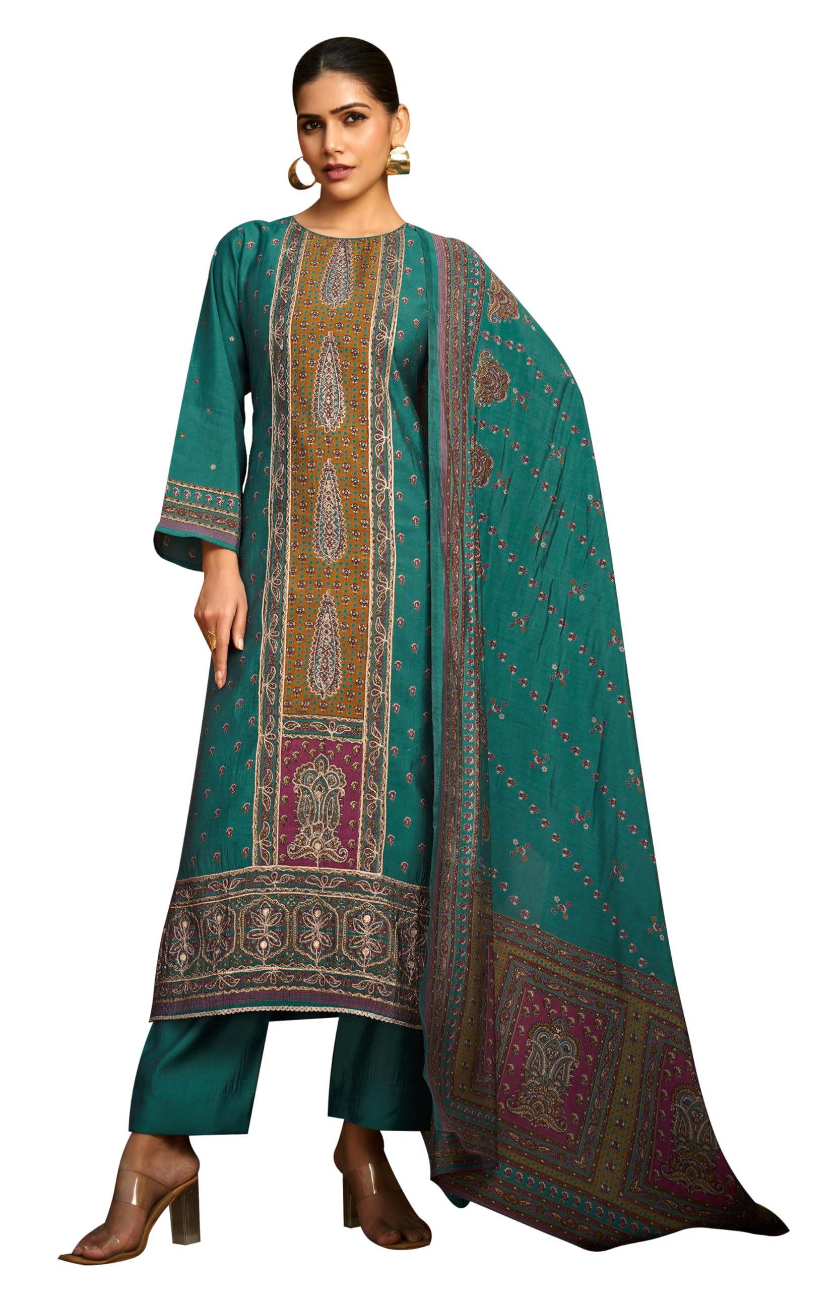 DRAVINAM Trends Women's Unstitched Maslin Suit Material - Embroidered Digital Printed Foil Masline Top II Masline Bottoms II Maslin Digital Dupatta