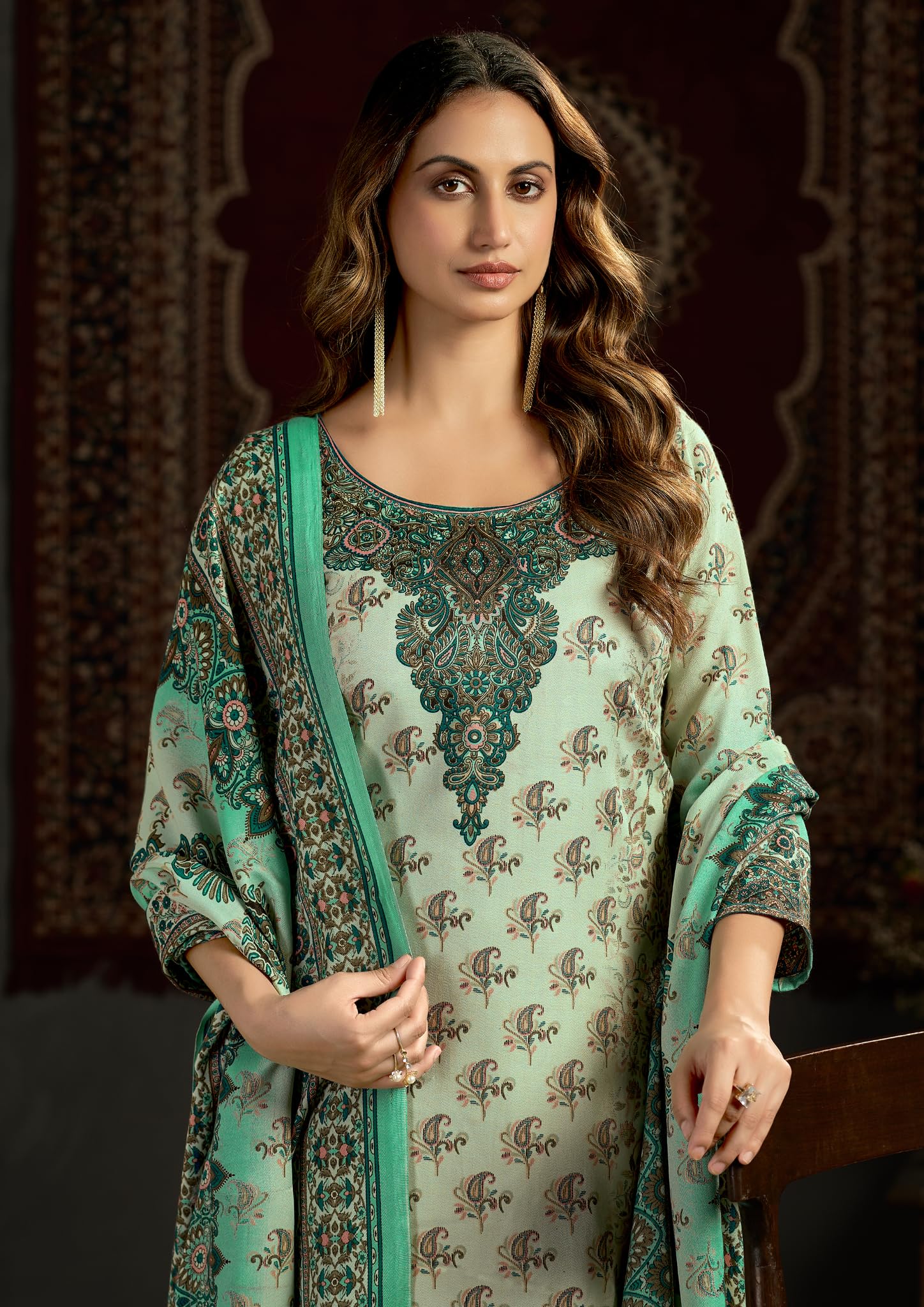 DRAVINAM Trends Women's Unstitched Kashmiri Print Woollen Pashmina Salwar Suit Dress Material with Pashmina Printed Shawl Dupatta (Free Size) (Grey)