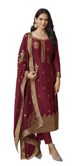 DRAVINAM Trends Unstitched Silk Jacquard Salwar suit Dress Material with Pure silk Jacquard Beautiful Dupatta (Red)
