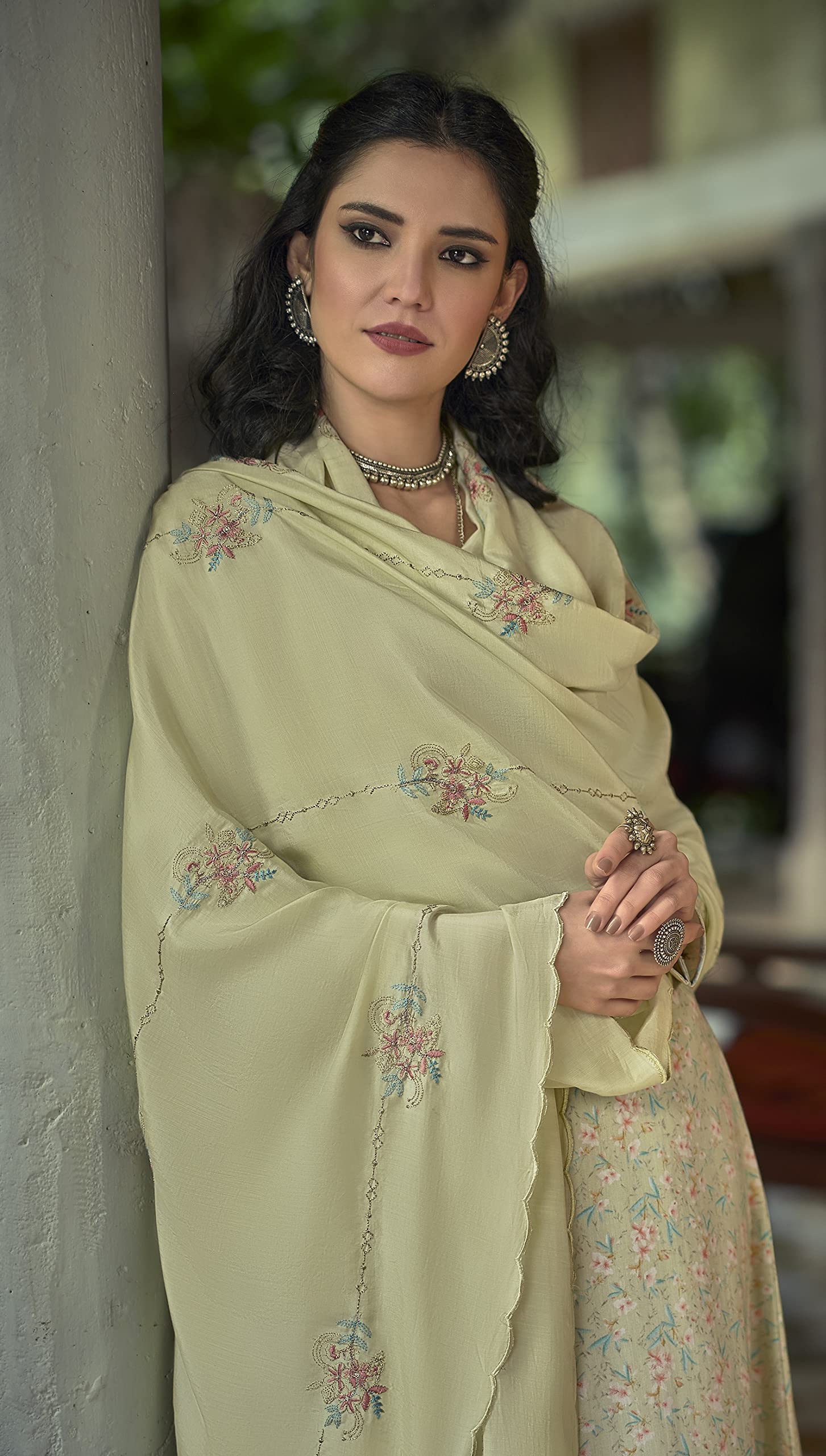 DRAVINAM Trends Women's Unstitched Fancy Embroidered Pure Jam Cotton Printed Salwar Suit Dress Material with Pure Viscose Masclin embrodered Dupatta (Pastel Mehandi Green)