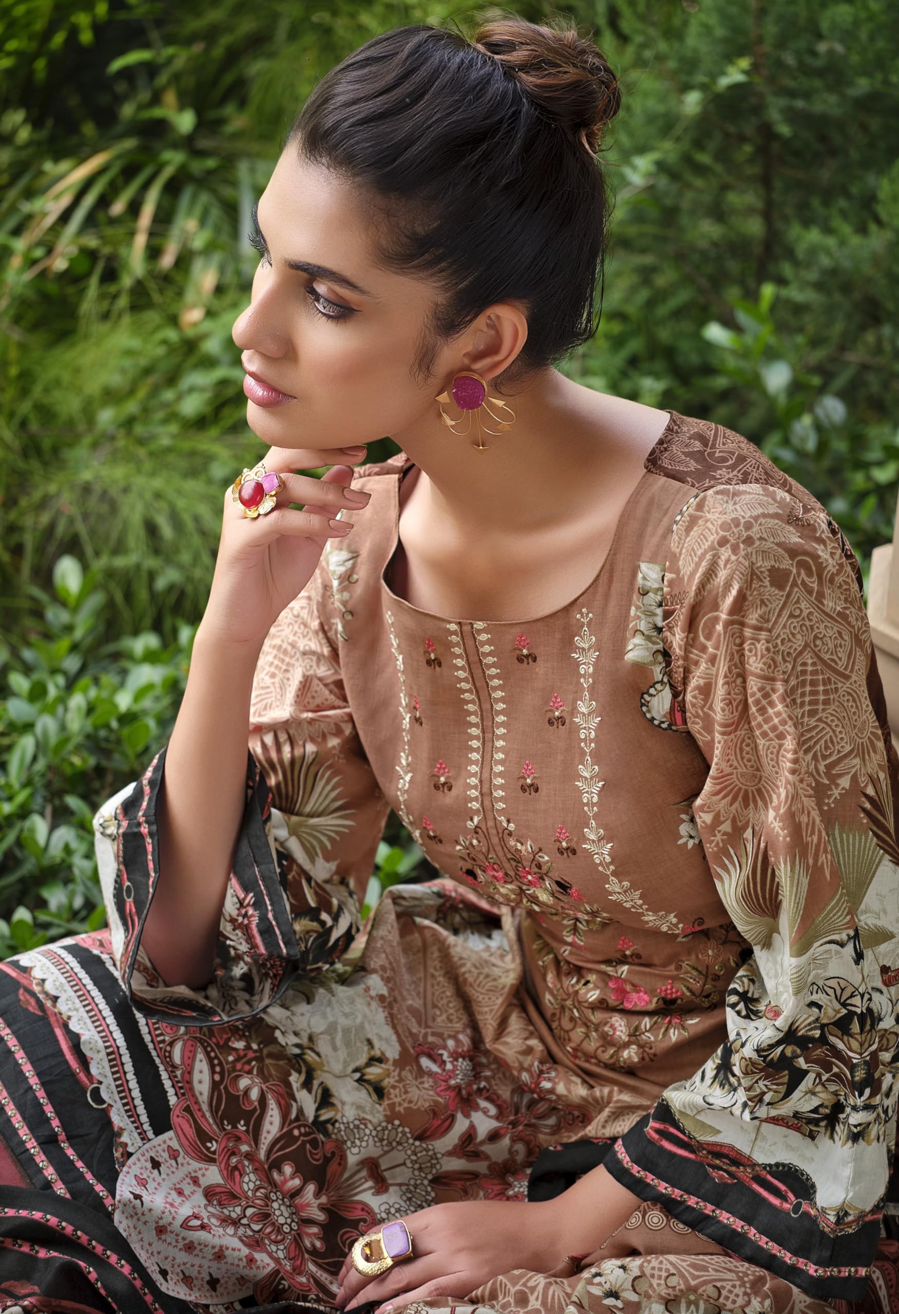 DRAVINAM Trends Unstitched Pakistani Print Embroidered Cotton Salwar Suit Dress Materials with Cotton Printed Dupatta (Beige)