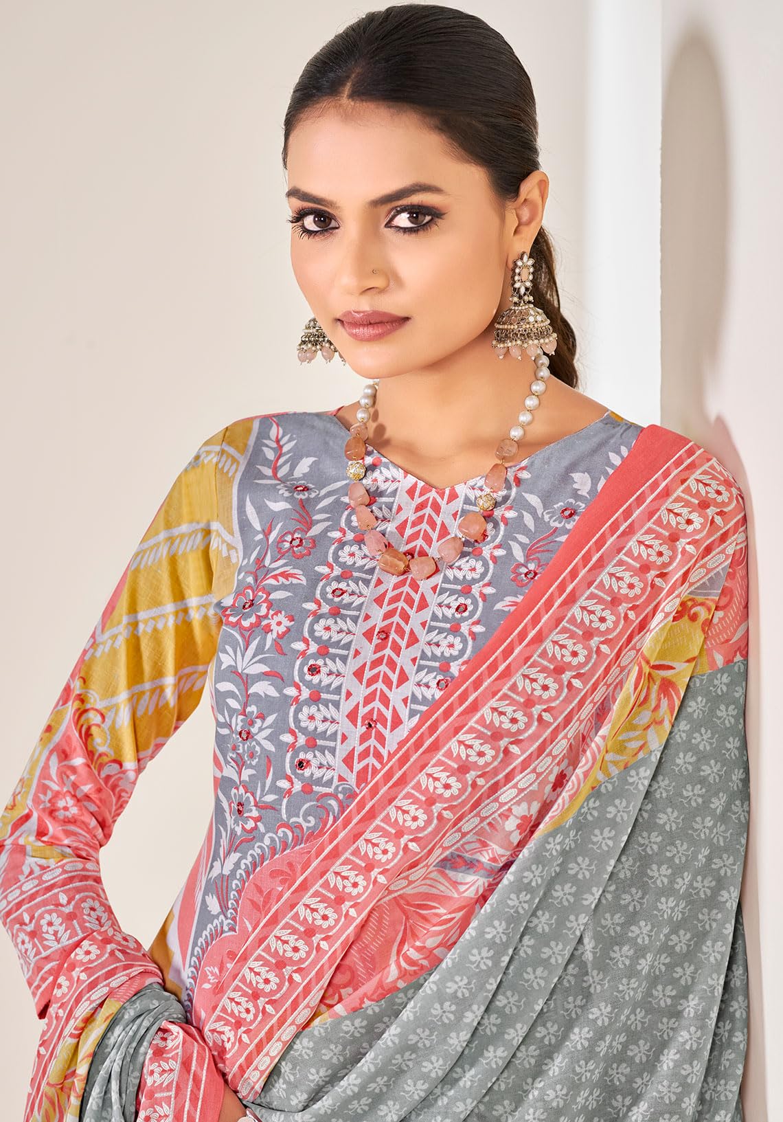 DRAVINAM Trends Women's Pure Cotton Printed Hand Work Unstitched Dress Material Salwar Suit with Unstitched Bottoms and Cotton Dupatta