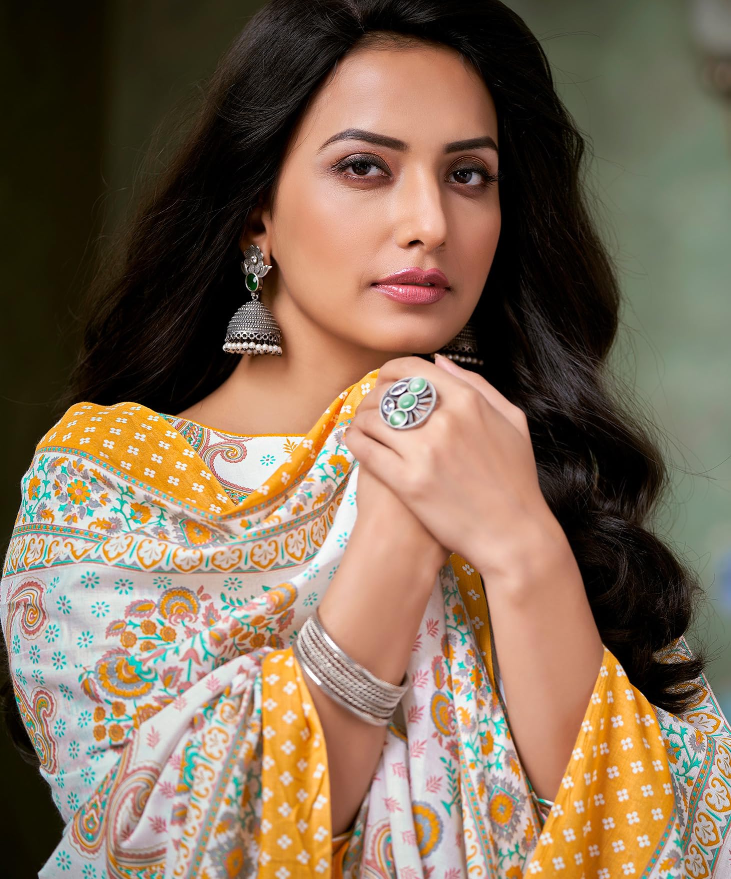 DRAVINAM Trends Pure Cotton Printed Dress Material Salwar Siroski Work Suit with Unstitched Bottoms and Cotton Dupatta