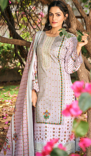 DRAVINAM Trends Unstitched Pure Lawn Camric Digital Print Neck and Daman Heavy Cutwork Embroidery Ladies Salwar suit Material with Lawn Cotton dupatta