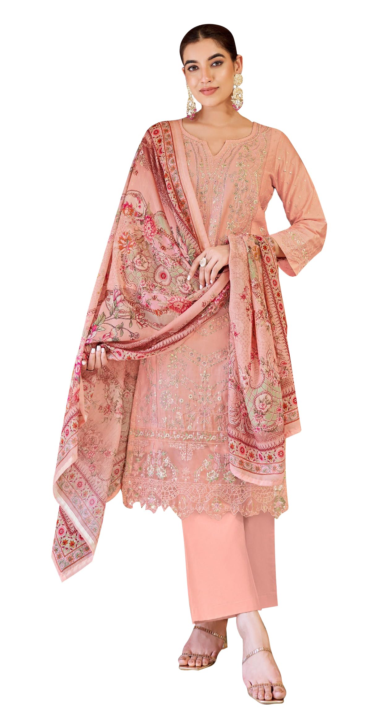 DRAVINAM Trends Kurti 2.50 mtrs,Pure Cotton Solid (2.7 m), Pure Cotton Mal Mal Print Dupatta (2.25 m)|Green