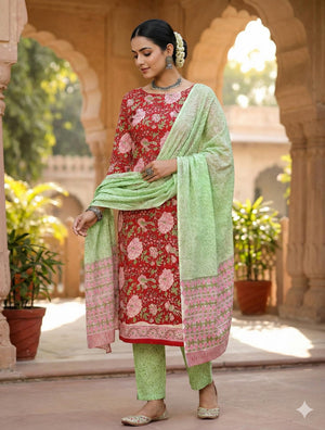DRAVINAM Trends Hand Block Print Sanganeri Cambric Unstitched Cotton Suit Dress Material for Women with Mulmul Cotton Hand Printed Dupatta