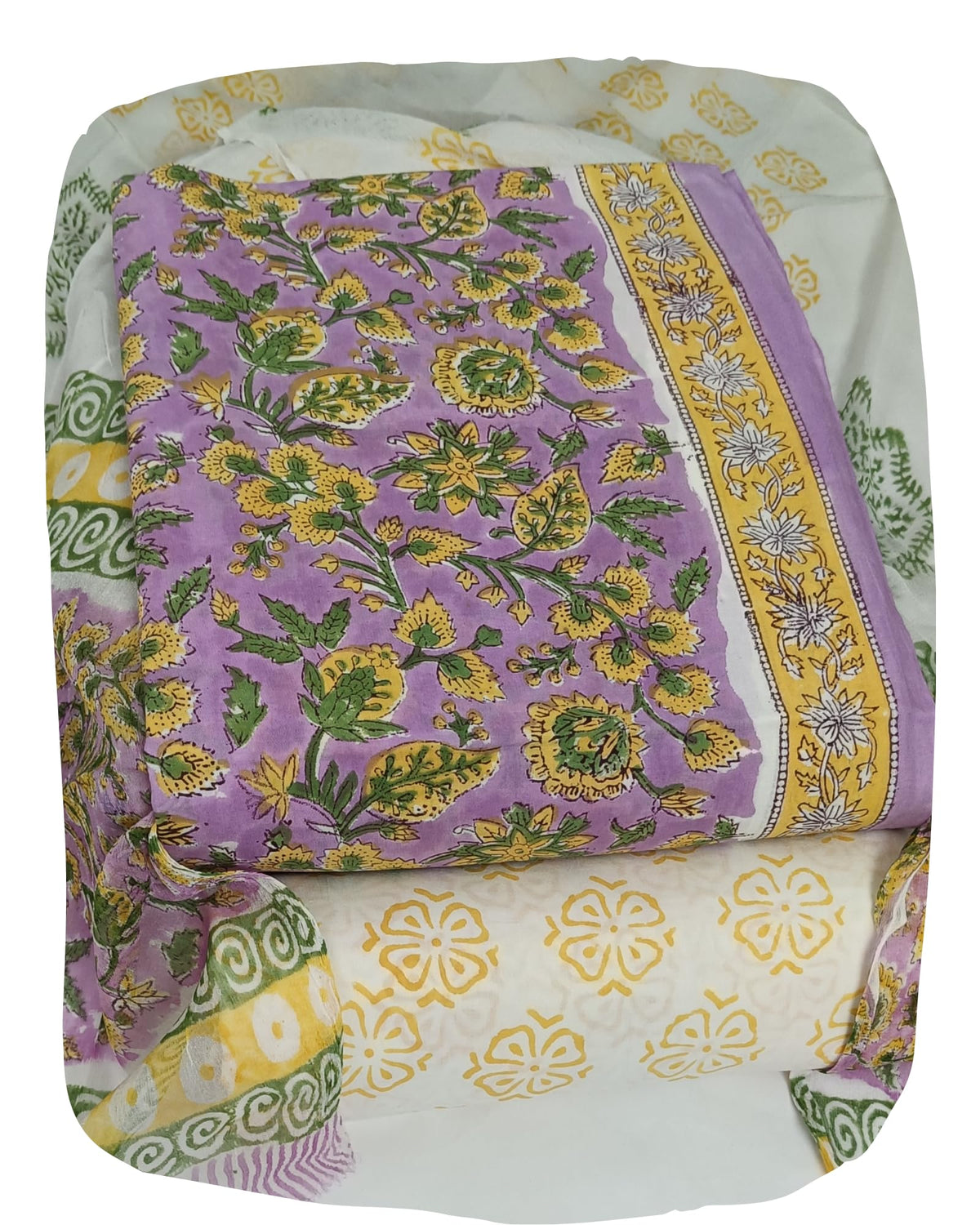 DRAVINAM Trends Hand Block Print Pure Cambric Cotton Unstitched Suit Material with Chiffon Hand Printed Dupatta