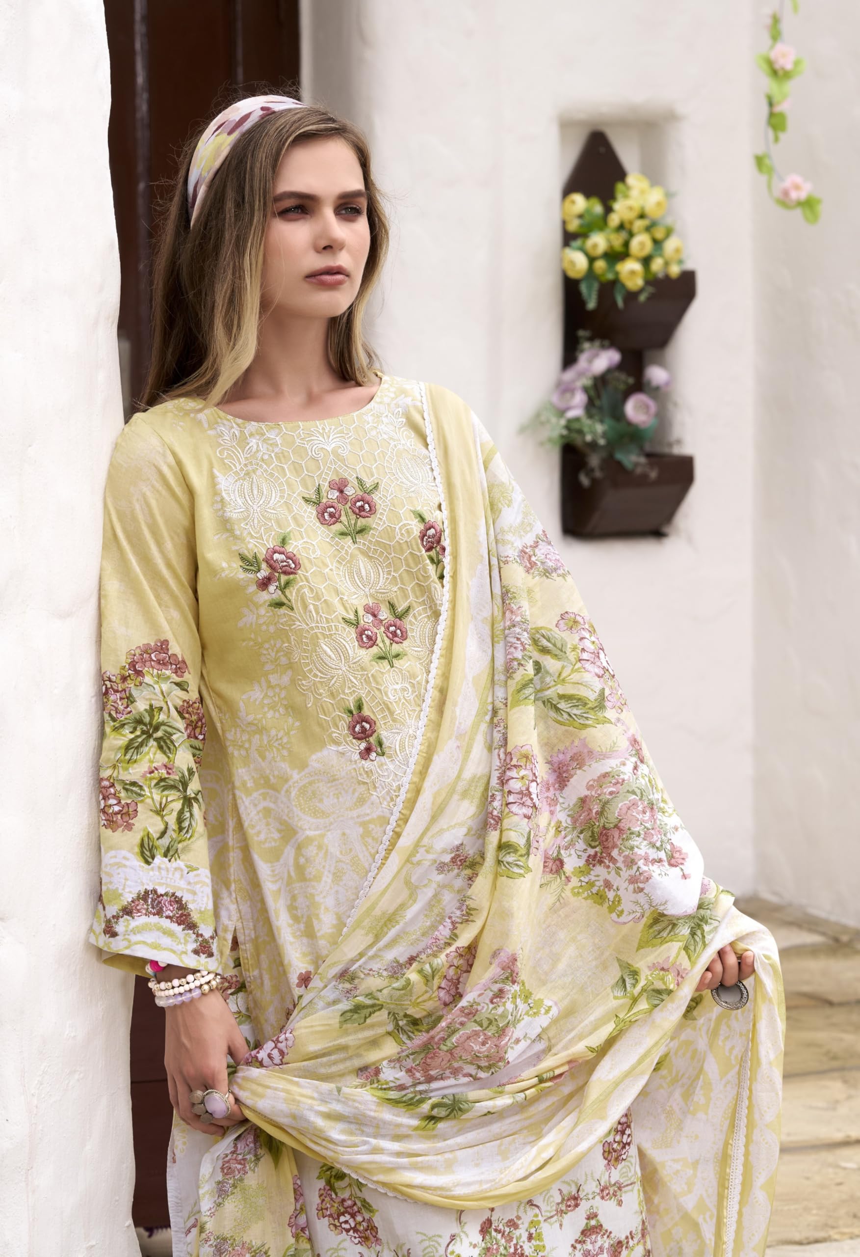 DRAVINAM Trends Women's Unstitched Salwar Suit Dress Material - Cotton Digital Printed Organza Embroidered Kameez II Unstitch Bottoms II Cotton Dupatta