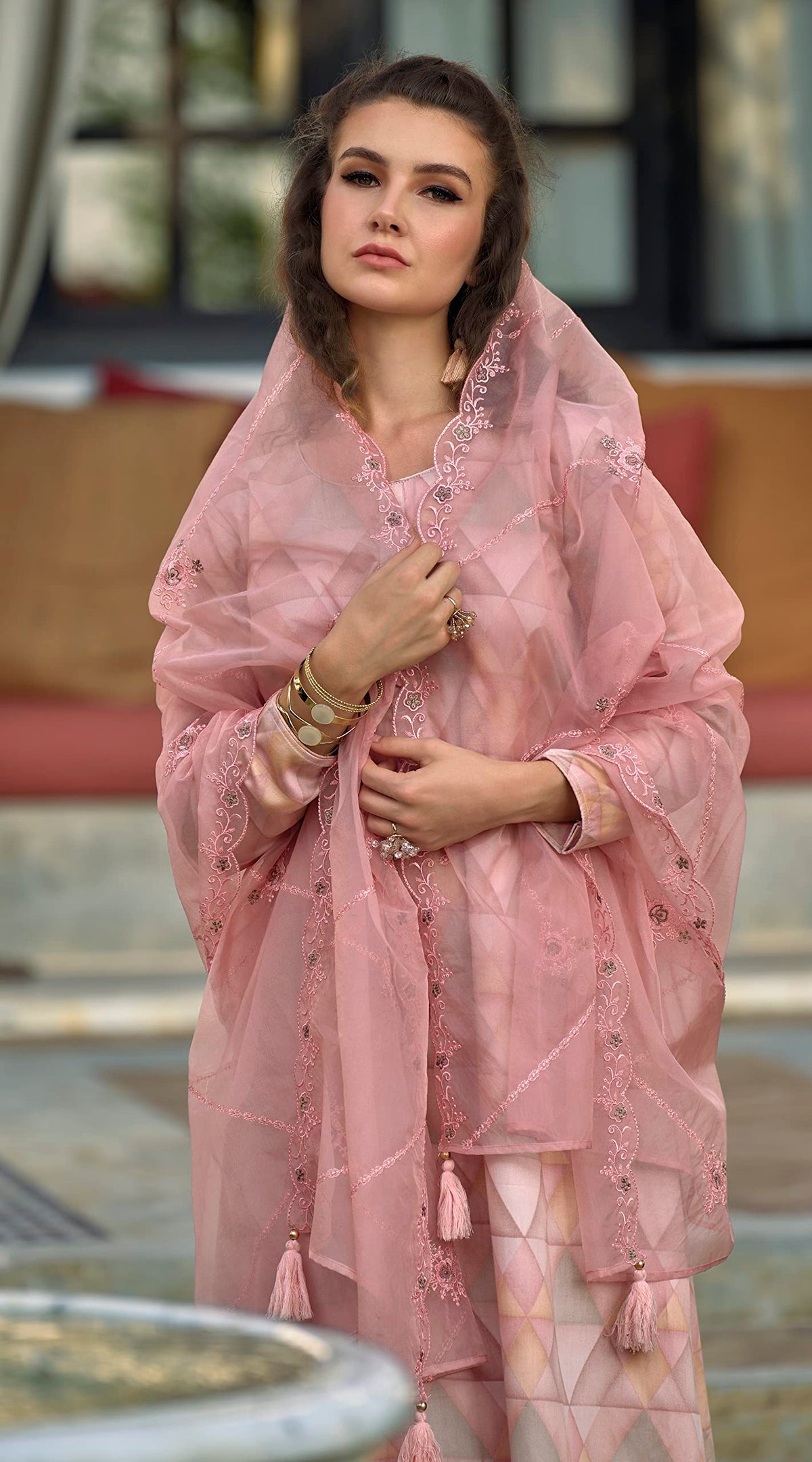 DRAVINAM Trends Women's Jam Cotton Digital Printed Plazzo Suit Dress Material with Embroidered Organza Dupatta (Pink)