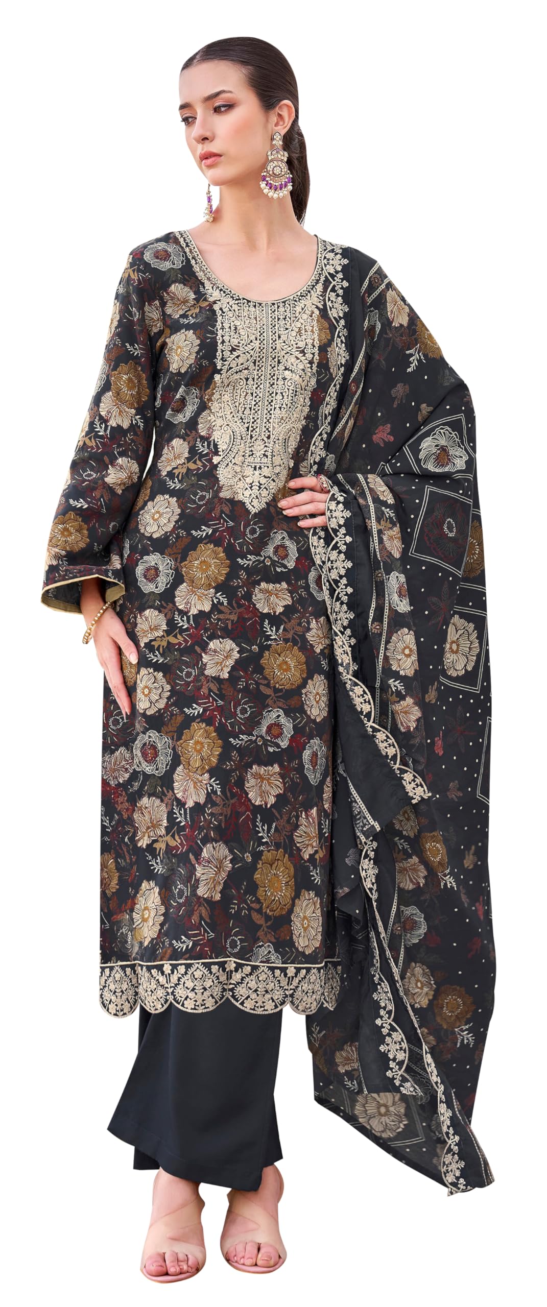 DRAVINAM Trends Pure Viscose Rayon Discharge Foil Printed Fancy Embroidered Daman Lace Suit Dress Material with Unstitched Rayon Bottoms and Cotton Embroidered Dupatta