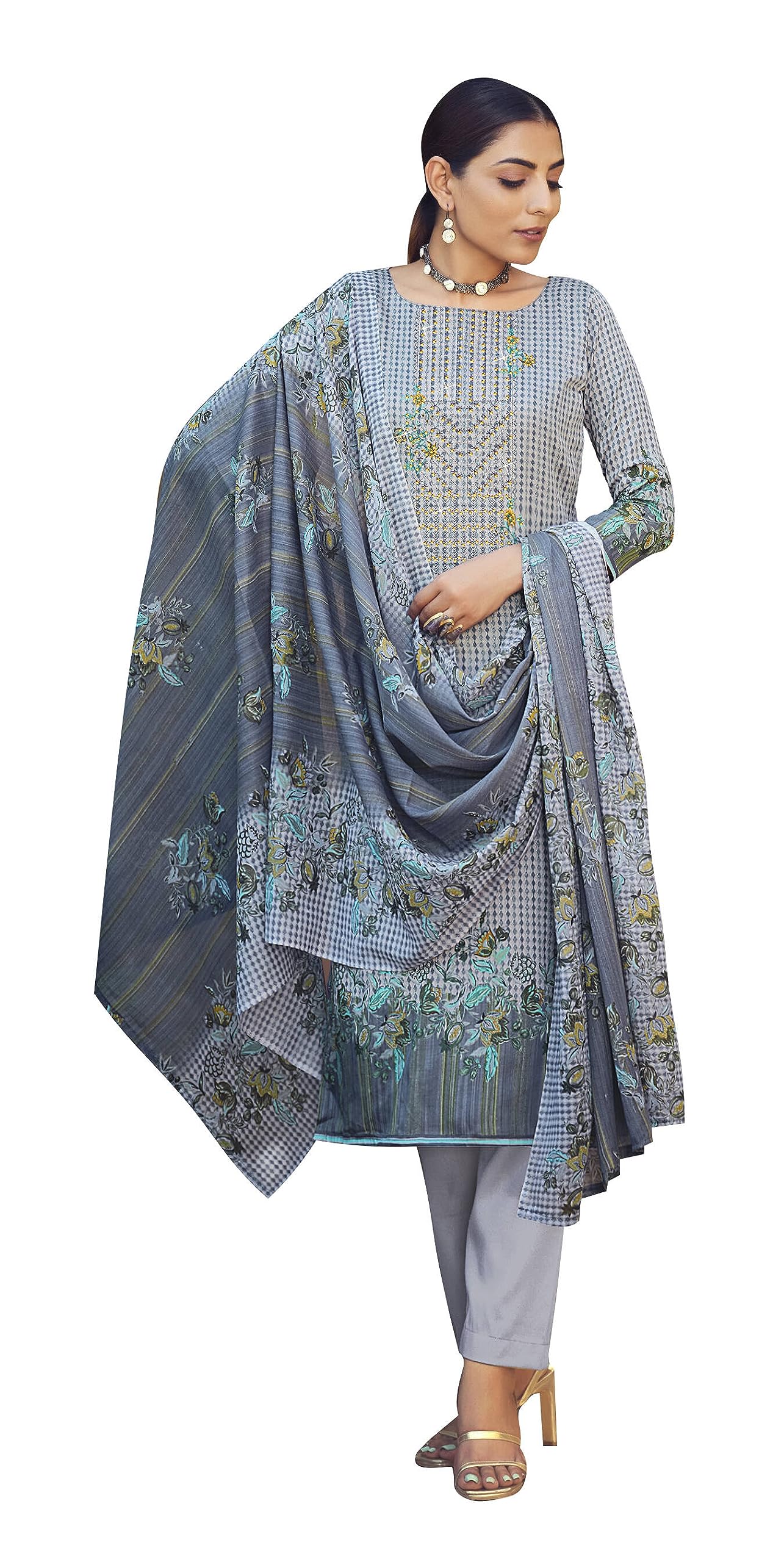DRAVINAM Trends Women Unstitched Pakistani Print Embroidered Cotton Salwar Suit Dress Materials With Cotton Dupatta