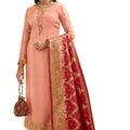 DRAVINAM Trends Women's Satin Georgette Zari Embroidered Unstitched Chudidar Suit Dress Material with Pure Banarasi Heavy Woven Dupatta (With Inner) (Free size_Peach)