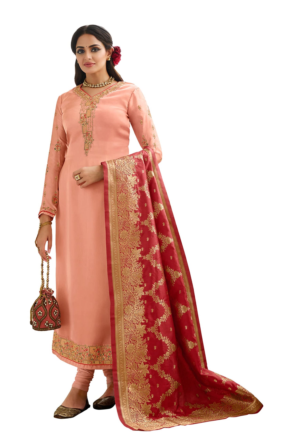 DRAVINAM Trends Women's Satin Georgette Zari Embroidered Unstitched Chudidar Suit Dress Material with Pure Banarasi Heavy Woven Dupatta (With Inner) (Free size_Peach)