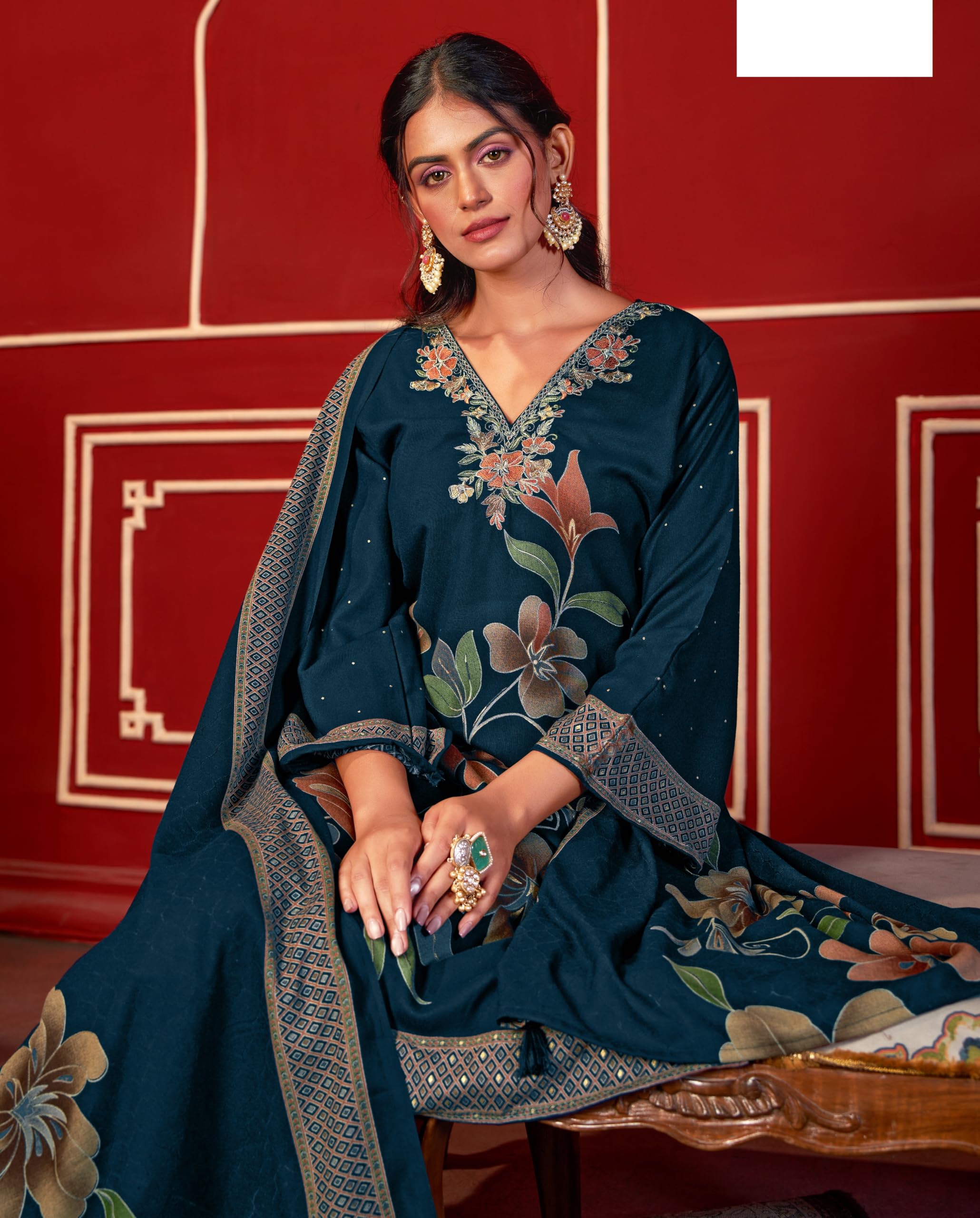 DRAVINAM Trends Women's Winter Wear Unstitched Digital Floral Printed Embroidered Viscose Pashmina Woollen Salwar Suit Dress Material with Pashmina Digital Printed Brasso Shawl Dupatta