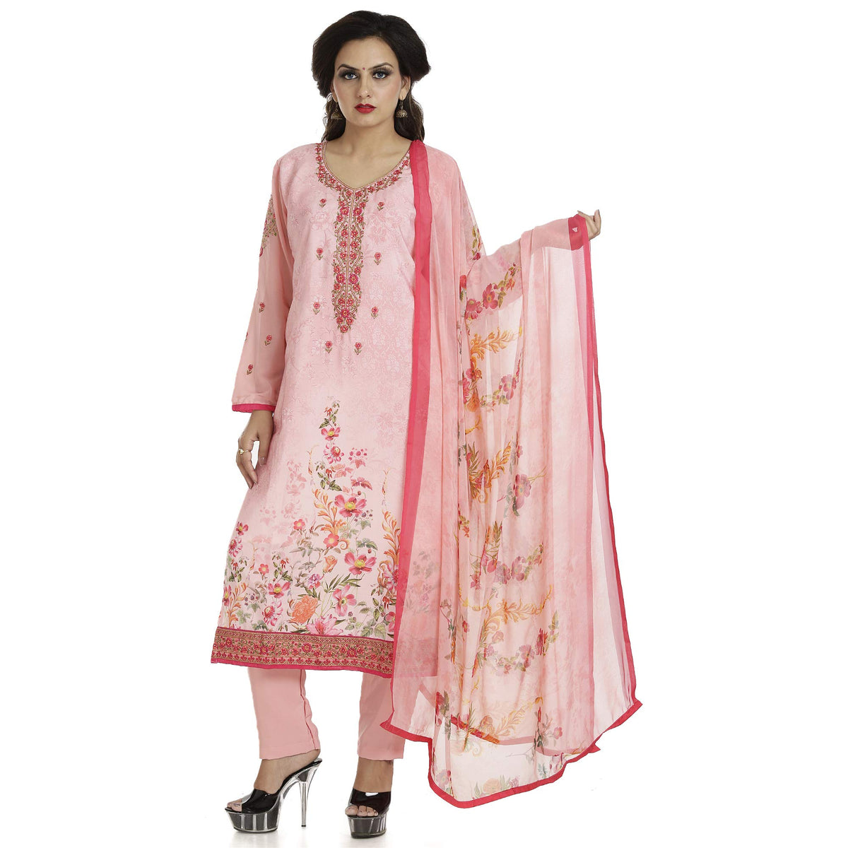 DRAVINAM Trends Women's Embroidered Pure Crepe Floral Printed Salwar Suit Dress Material with Printed Georgette Dupatta (Unstitched)