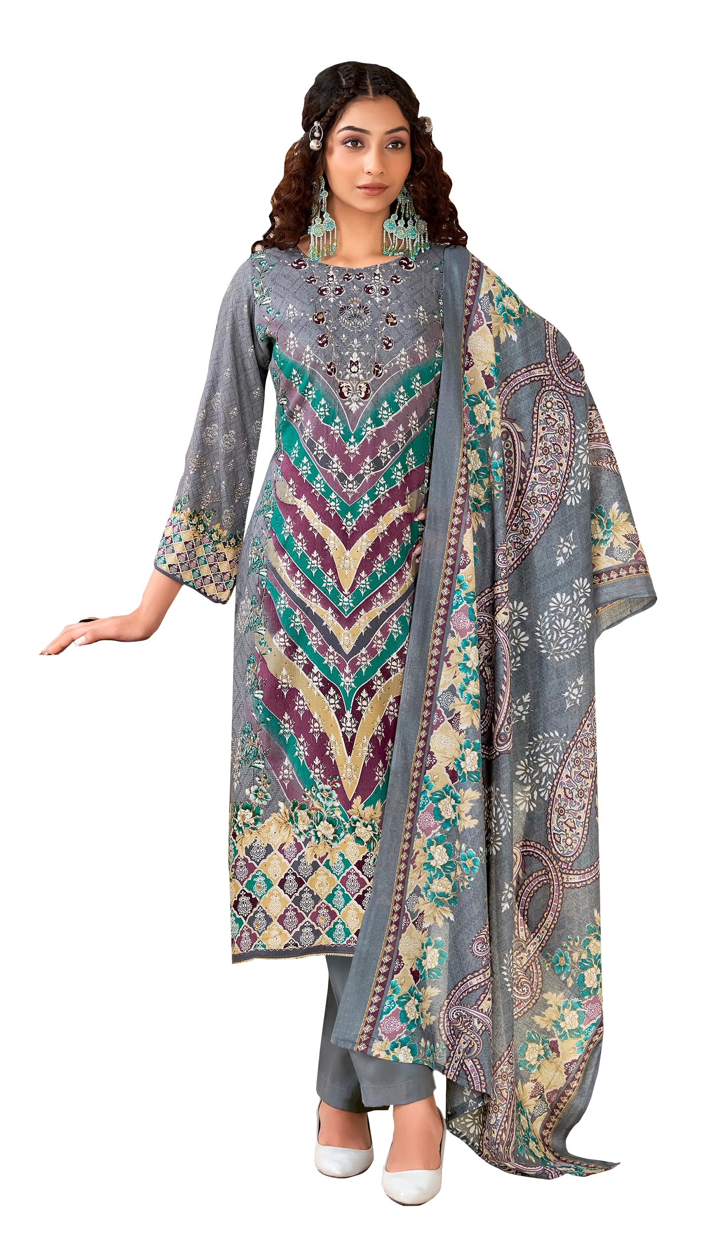 DRAVINAM Trends Kurti 2.50 mtrs, Pure Viscose Rayon (3 mtrs apx), Pure Cotton Mal Mal Print (2.30|Grey