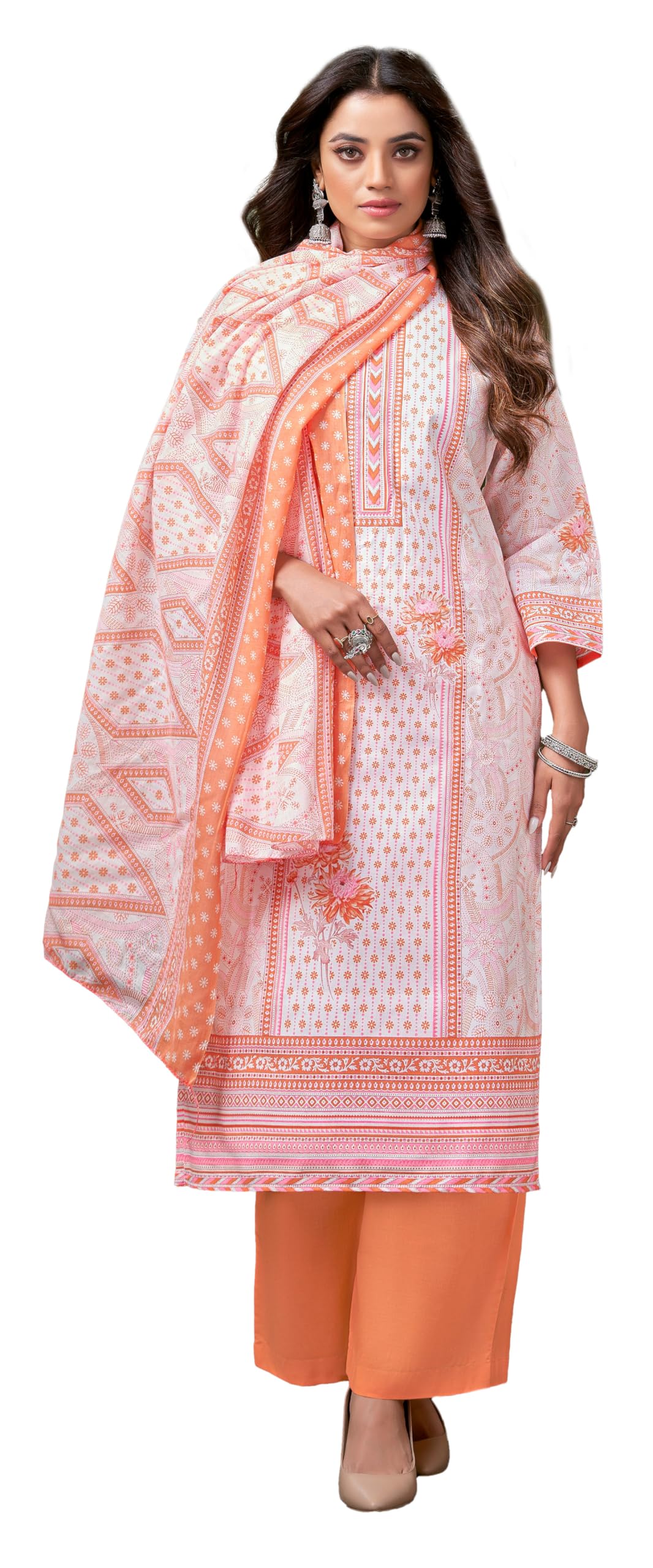 DRAVINAM Trends Pure Cotton Printed Dress Material Salwar Siroski Work Suit with Unstitched Bottoms and Cotton Dupatta
