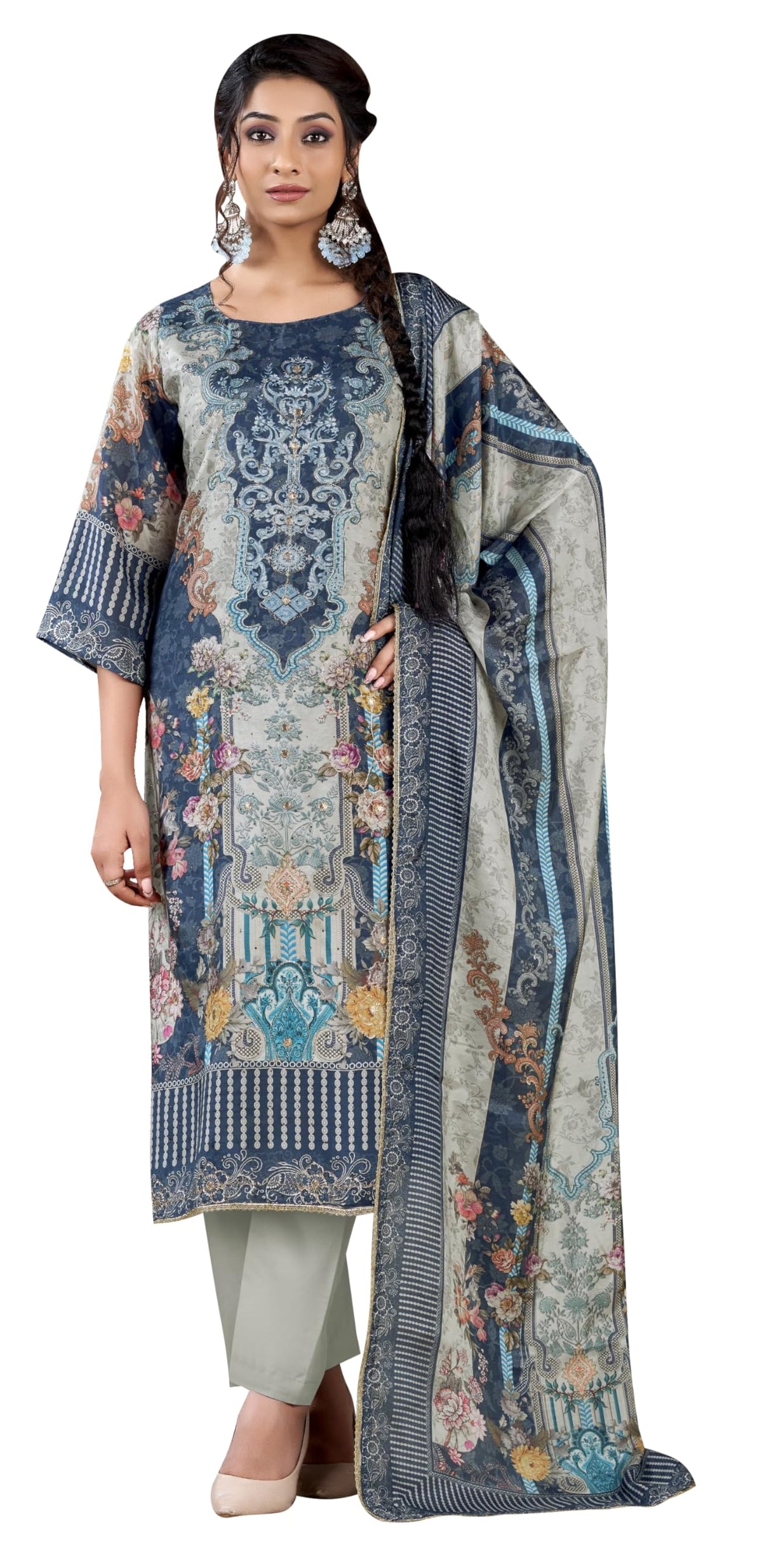 DRAVINAM Trends Pure Viscose Maslin Cotton Digital Printed Heavy Hand Embroidered Suit Dress Material with Unstitched Bottoms and Maslin Printed Dupatta