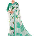 DRAVINAM Trends Women's Plain Weave Jute Linen Printed Border Saree with Blouse Piece (White and Green)