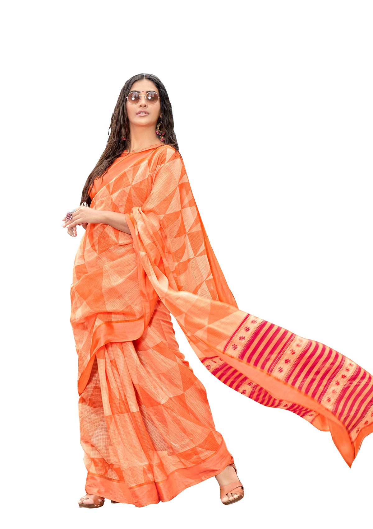 DRAVINAM Trends Women's Woven Kota Cotton Printed Check Saree with Satin Border and Blouse Piece (Light Orange)