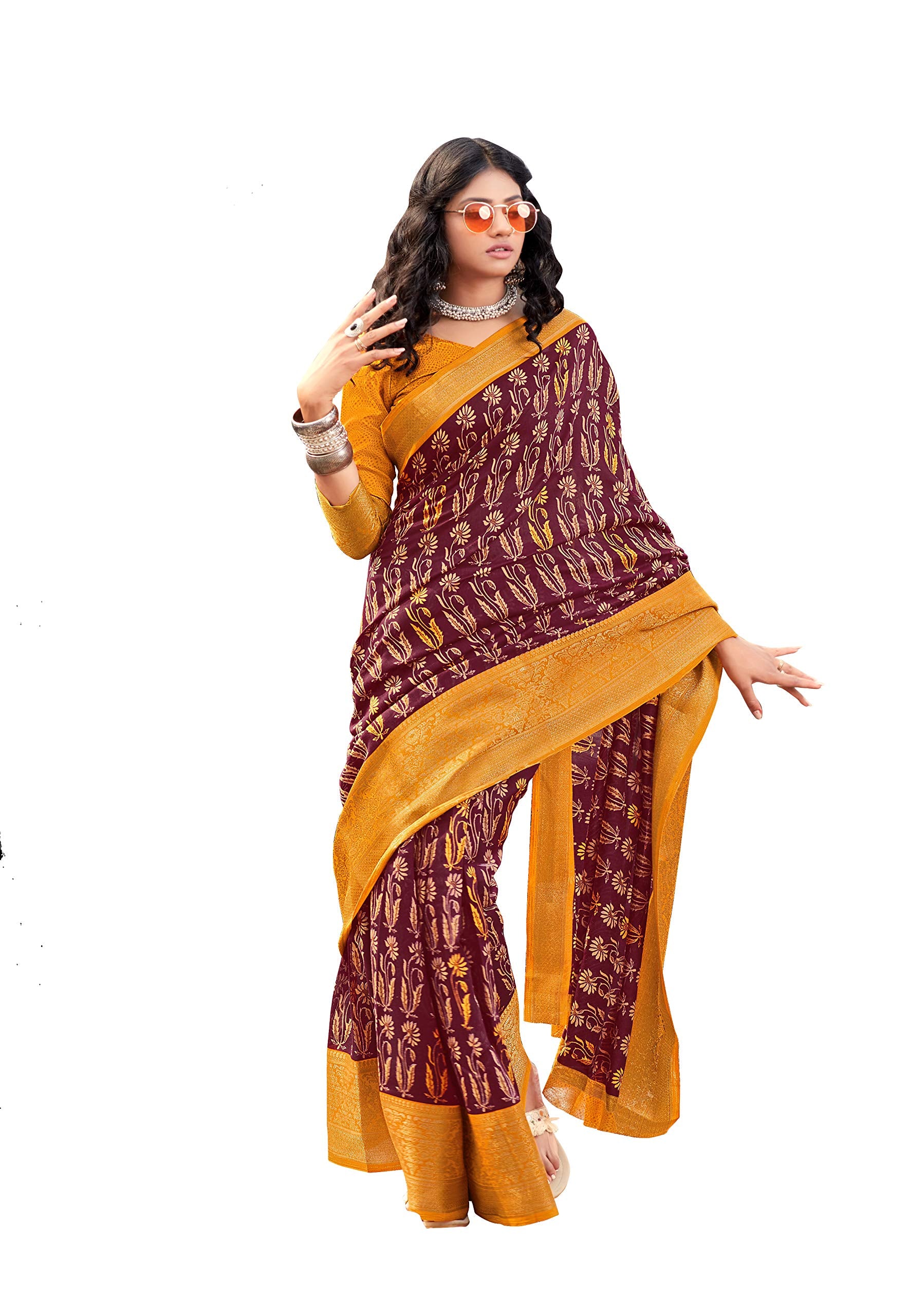 DRAVINAM Trends Women's Jacquard Linen Saree With Un-stitched Blouse (SareeSRRm_8_Maroon & Mustard)