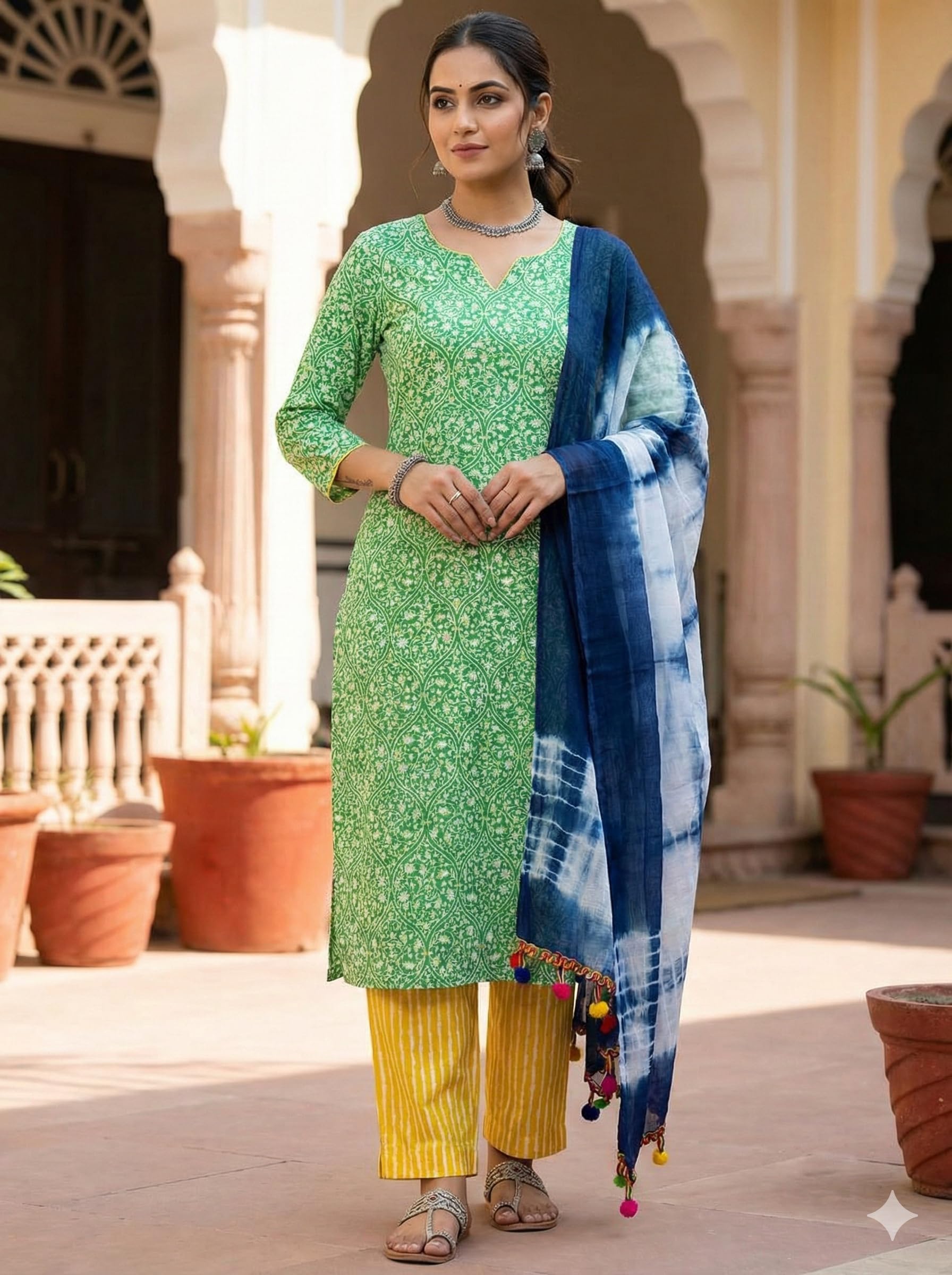 DRAVINAM Trends Hand Block Print Cambric Cotton Unstitched Salwar Suit Set for Women with Pure Chiffon Hand Printed Dupatta