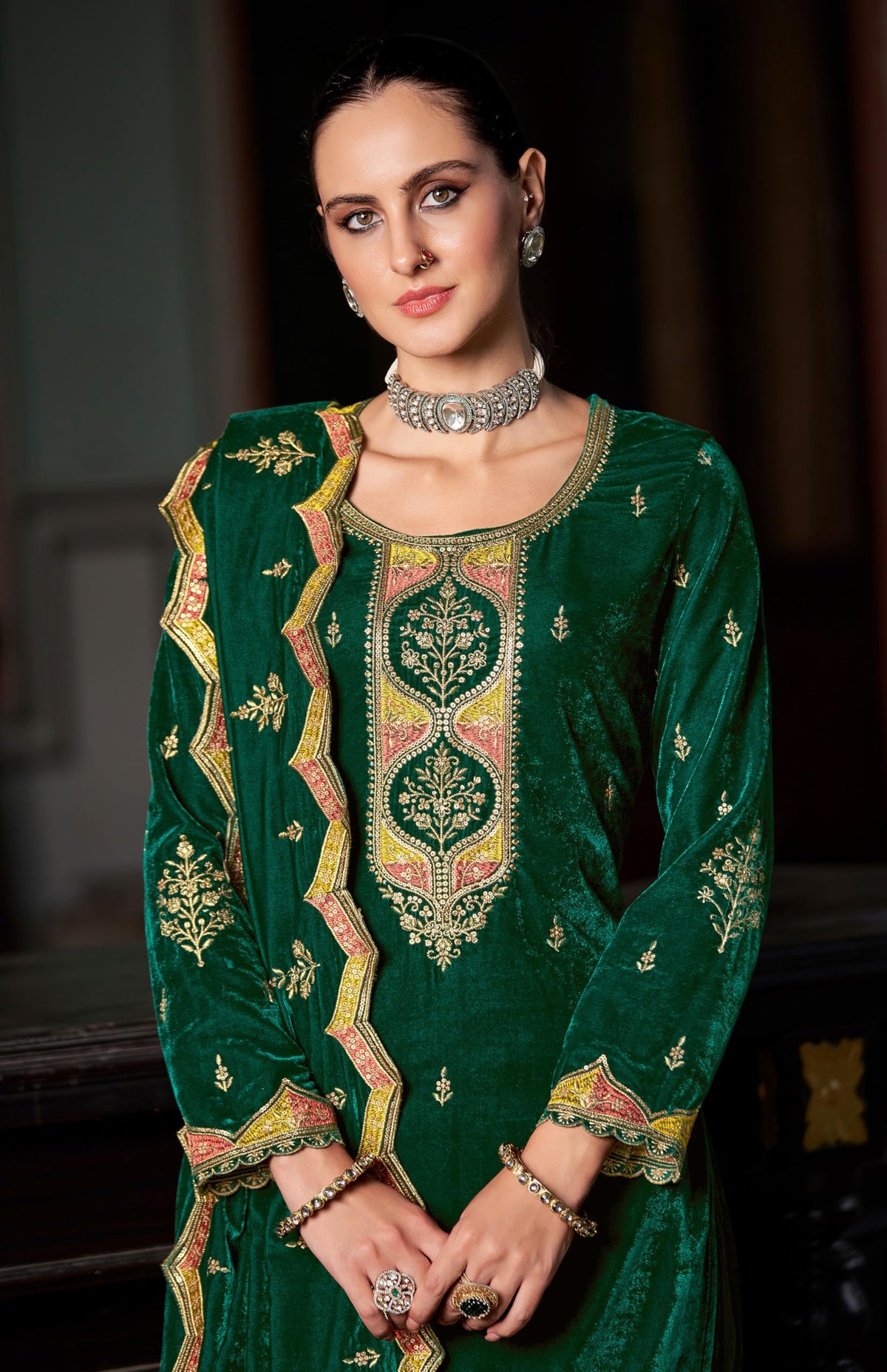 DRAVINAM Trends Women's Unstitched Winter wear Premium Velvet Embroidered Salwar suit Dress Material with Dupatta and Unstitch Bottoms