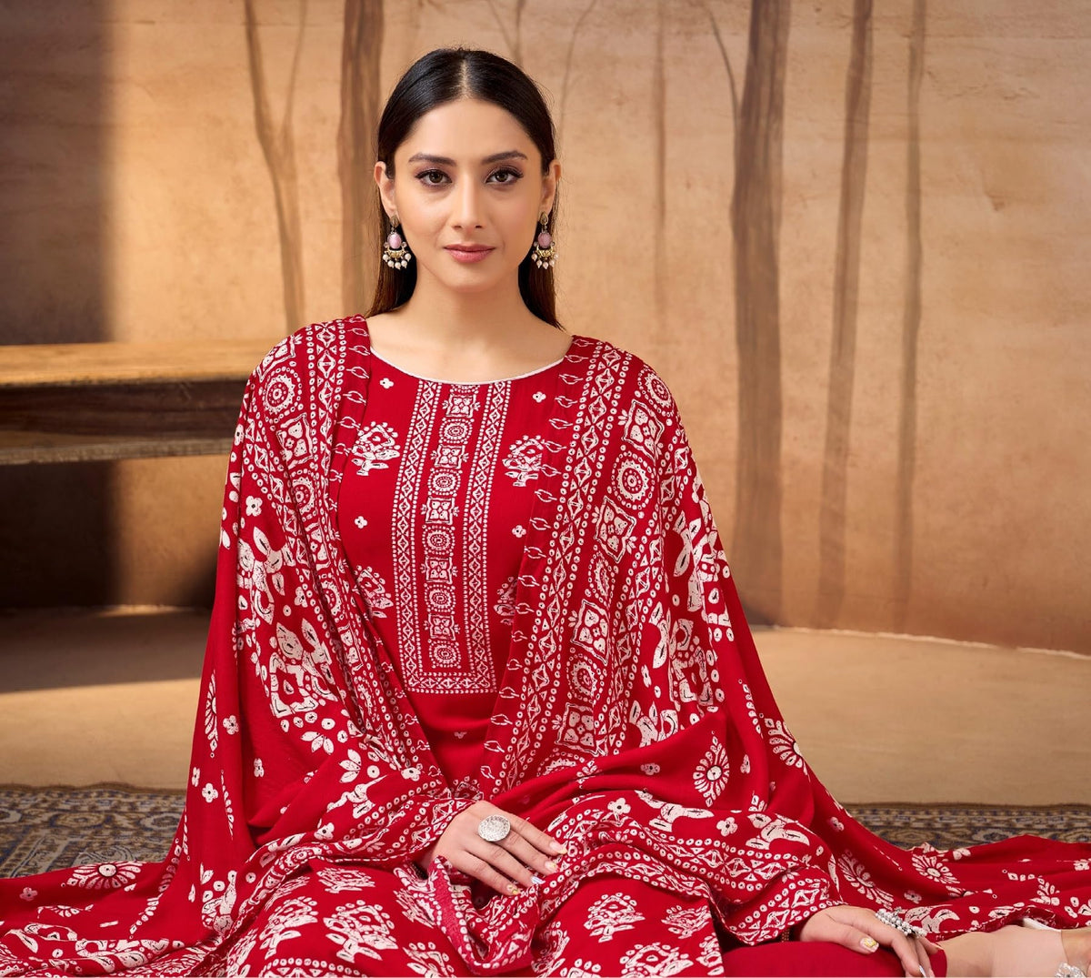 DRAVINAM Trends Women's Winter Wear Unstitched Discharge Print Hand Work Woollen Viscose Pashmina Salwar Suit Dress Material with Pashmina Printed Shawl Dupatta