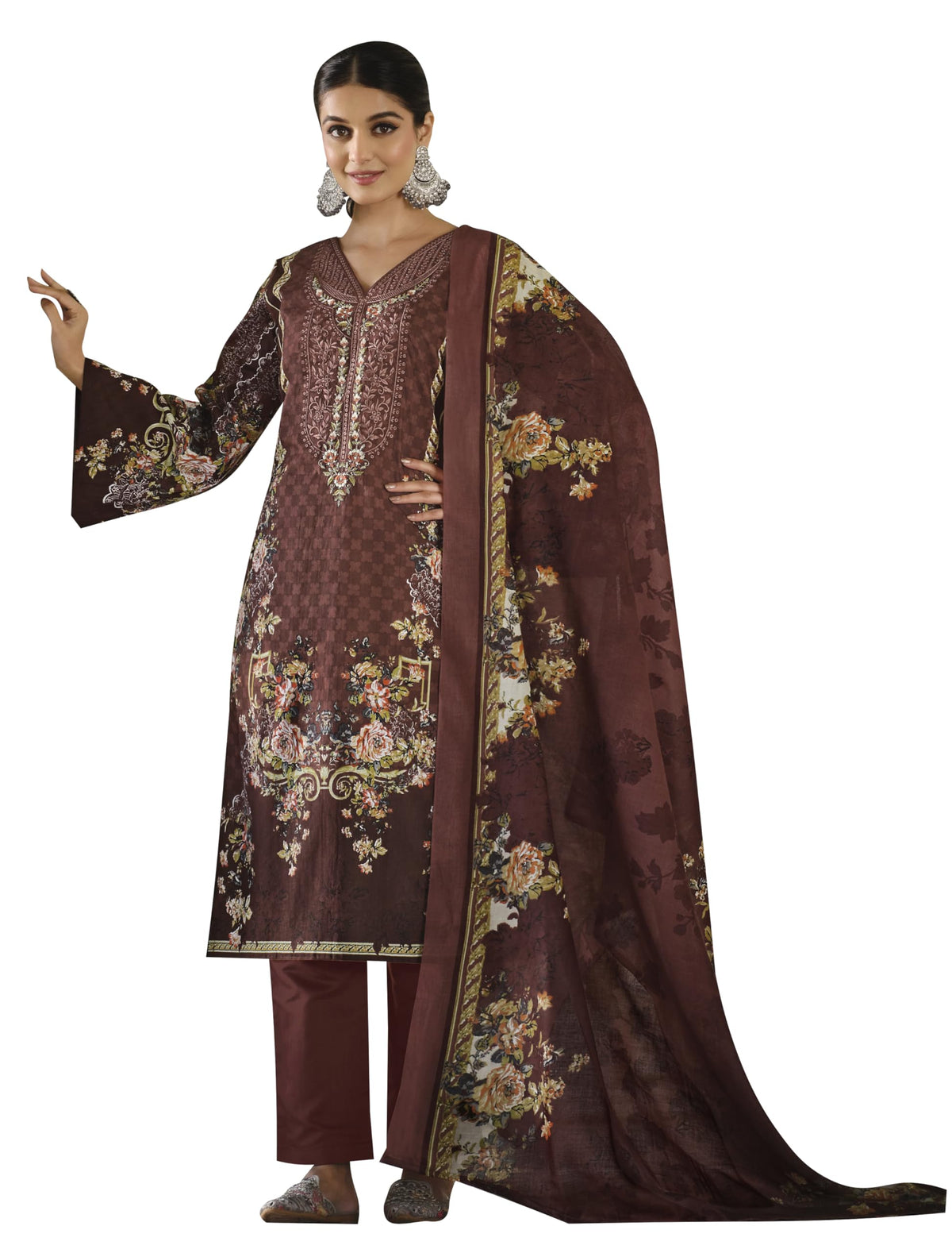 DRAVINAM Trends Women's Stitched Digital Style Print Embroidered Pure Cotton Kurta Pant Suit Set II Solid Pants II Printed Malmal Dupatta (XL / 42)