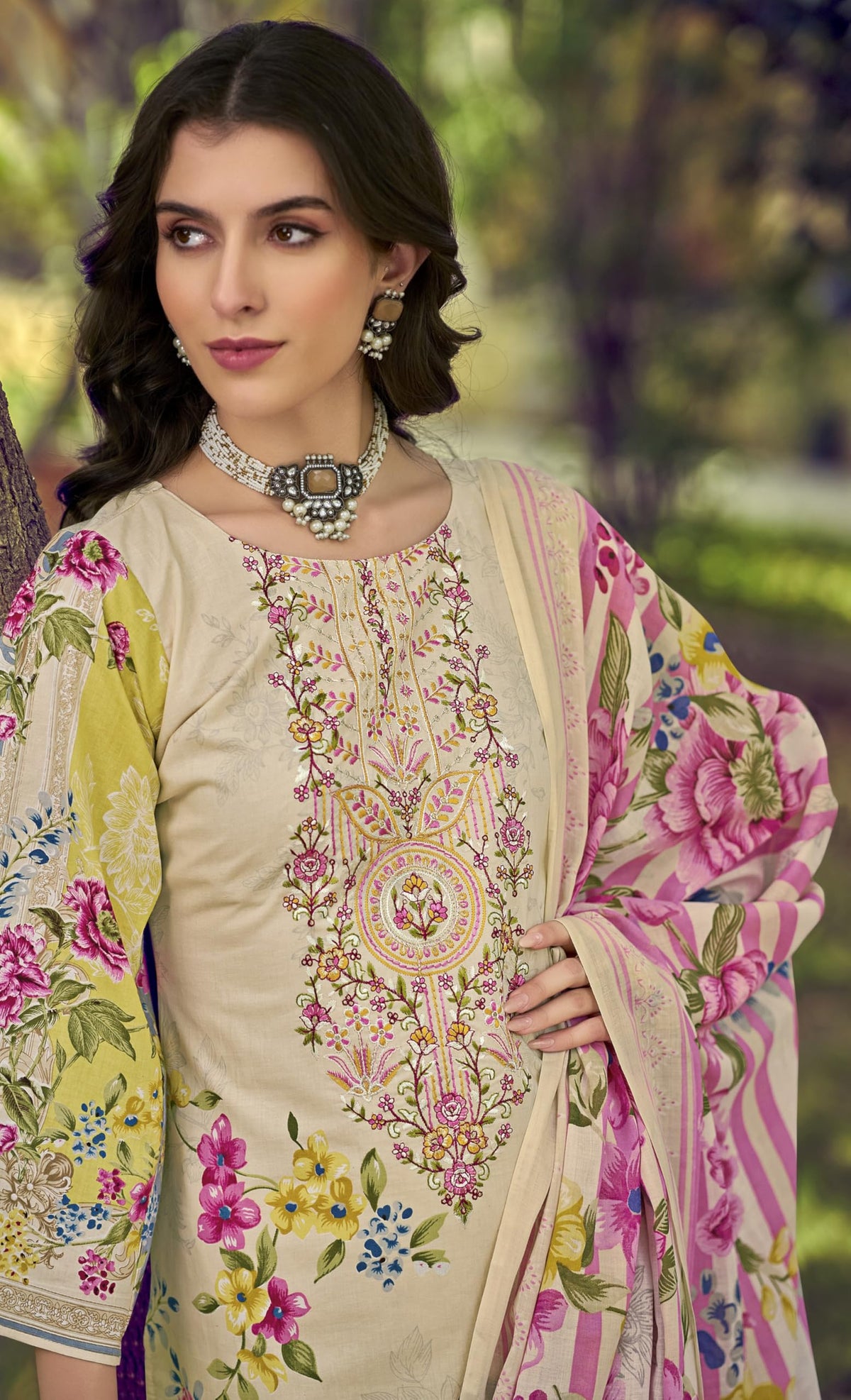 DRAVINAM Trends Women's Pure Cotton Digital Printed Suit with Exclusive Heavy Self-Embroidery Neck & Organza Daman Embroidery | Mal Mal Cotton Printed Dupatta & Bottom – Ready to Wear (OLIVE, XXL)