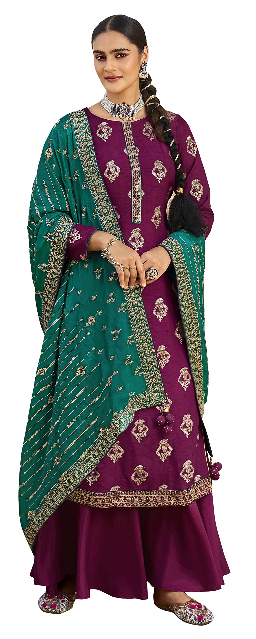 DRAVINAM Trends Women's Pure Banarasi Silk Jacquard Sequence embroidered Unstitched Salwar Suit Dress material with Chinon Silk Sequence and Embroidered Heavy Dupatta (Free size_Blue)